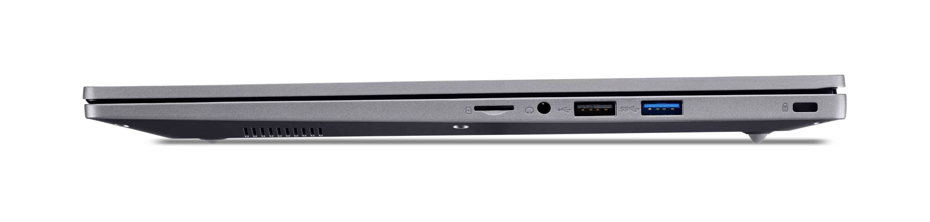 Seitenansicht eines schlanken silbernen Laptops, geschlossen mit Blick auf Vorder- und rechte Kante mit zwei USB-Anschlüssen.