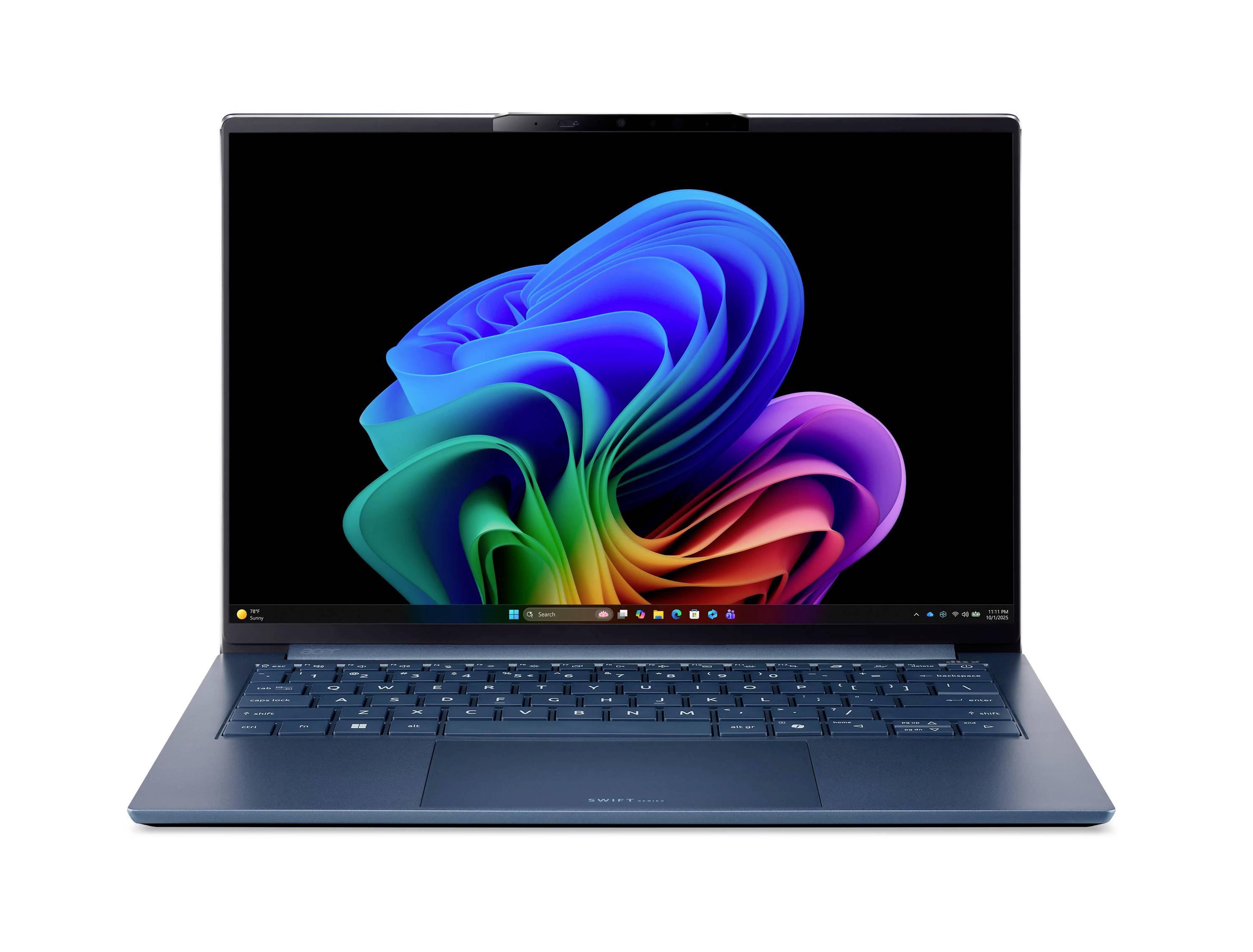 Offener Laptop-Computer, auf dessen schwarzem Bildschirm ein farbenfrohe abstrakte Windows-ähnliche Tapete angezeigt wird.