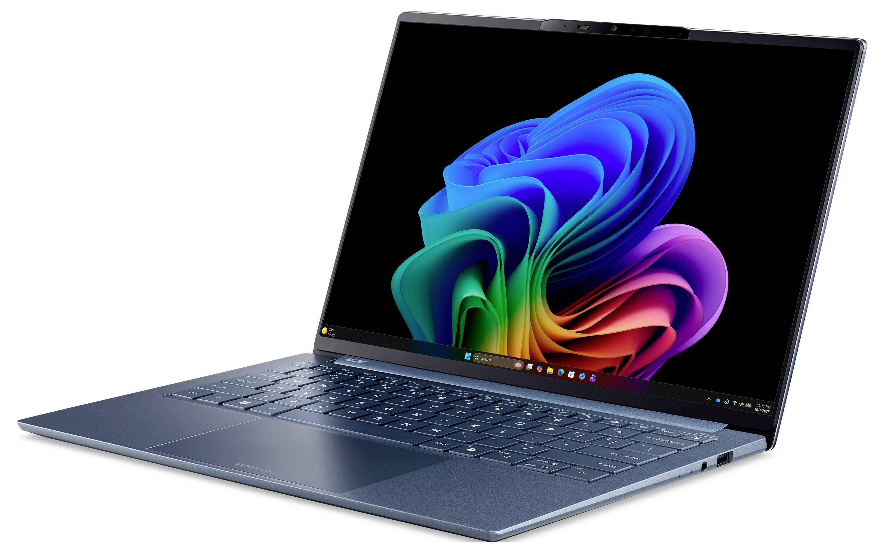 Blauer Laptop in einem Winkel geöffnet, zeigt ein Windows-ähnliches buntes abstraktes Hintergrundbild auf dem Bildschirm vor einem weißen Hintergrund.
