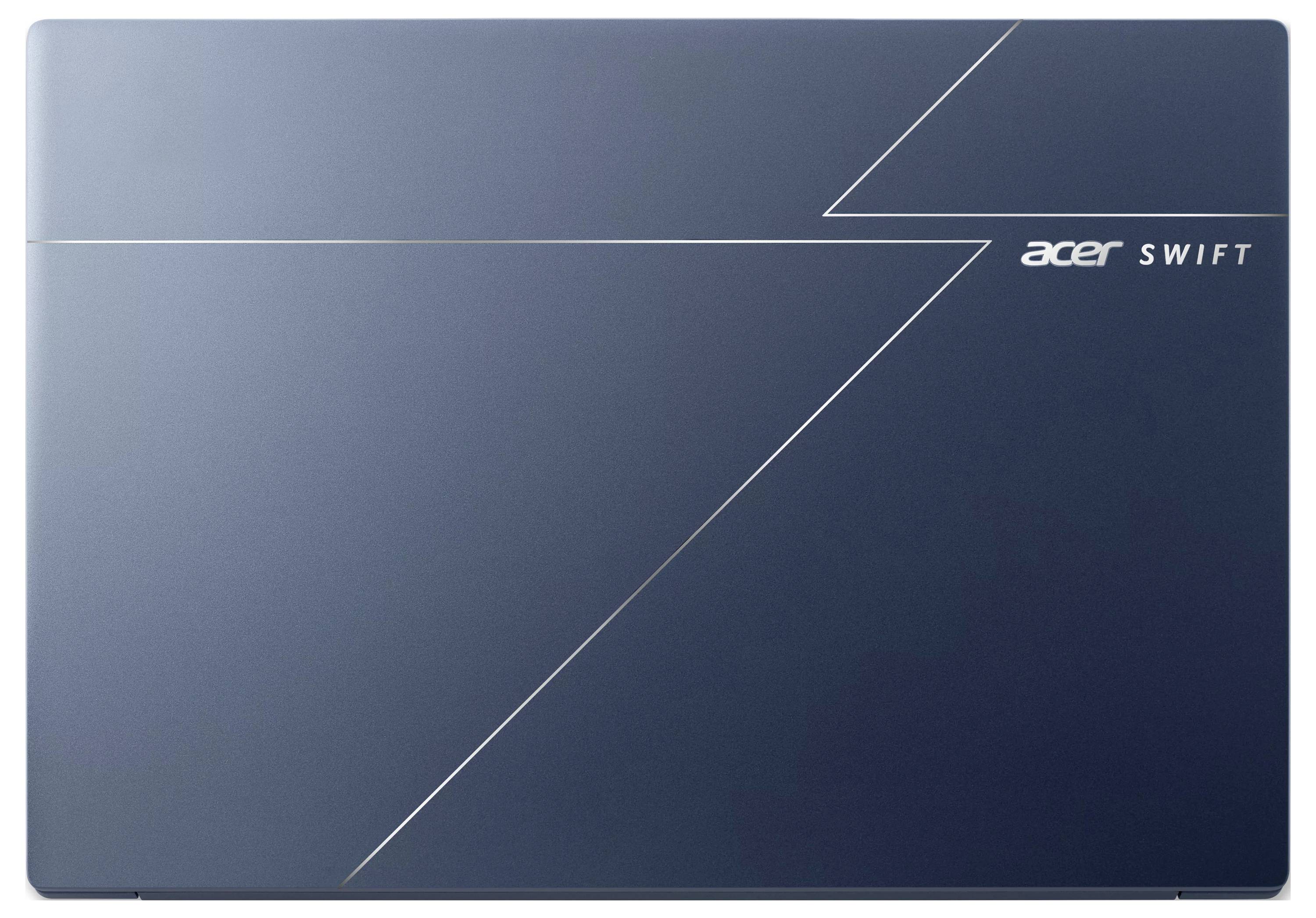 Geschlossener blauer Acer Swift Laptop mit diagonalen silbernen Linien und Acer Swift Logo oben rechts.