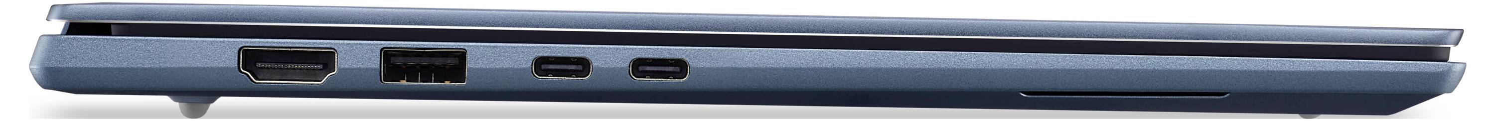 Seitenansicht eines geschlossenen blauen Laptops oder Tablets mit einer zentrierten Öffnung für einen Anschluss an der Kante.