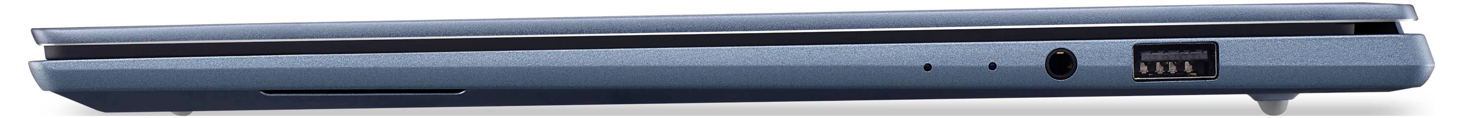 Seitenansicht eines geschlossenen blauen Laptops, das das dünne Profil mit Anschlüssen an der Kante zeigt.
