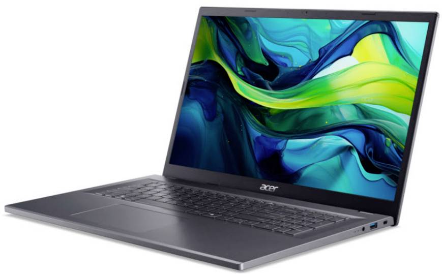 Ein grauer Acer-Laptop, geöffnet gezeigt, mit einem farbenfrohen abstrakten Hintergrundbild auf dem Bildschirm.