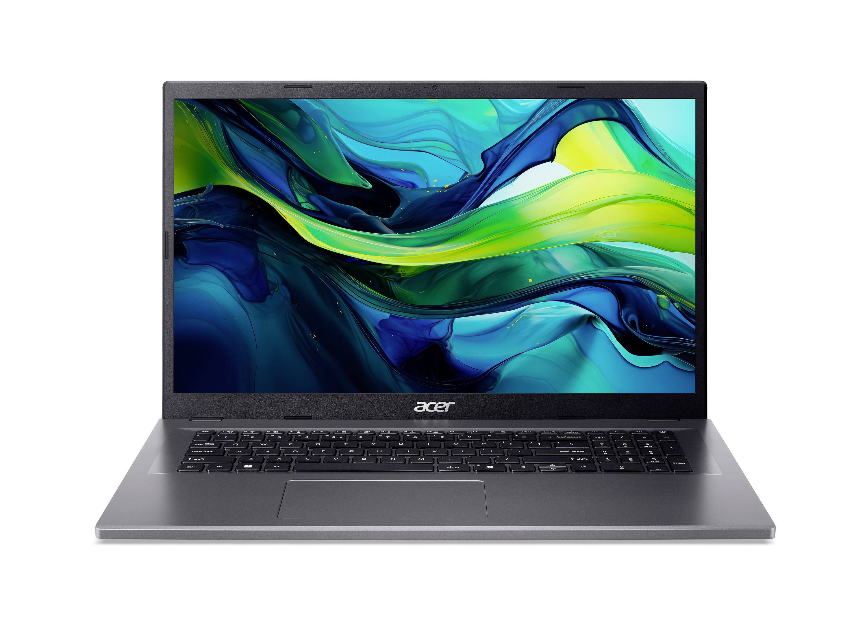 Geöffneter Acer-Laptop, frontal ausgerichtet, mit einem bunten abstrakten Hintergrundbild in Blau, Grün und Gelb auf dem Bildschirm.