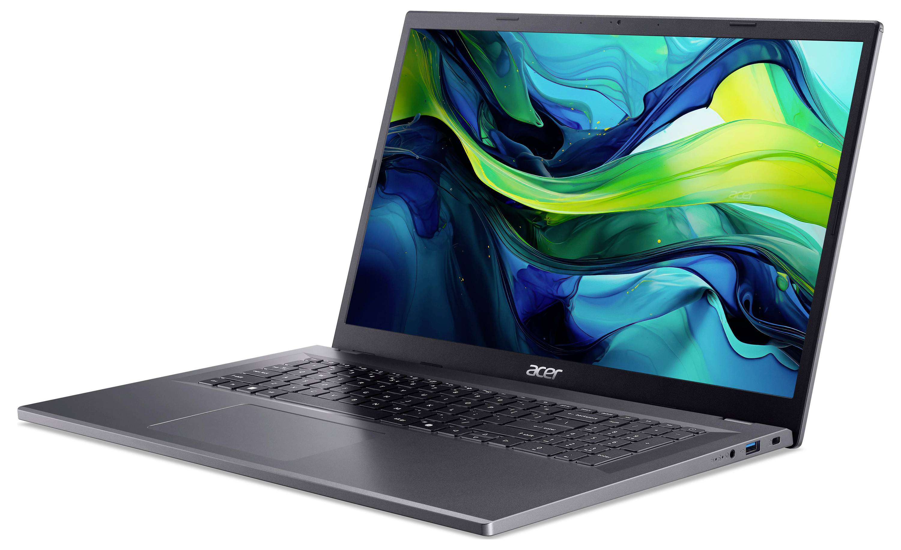 Acer Laptop, das in einem Winkel offen angezeigt wird, mit einem farbenfrohen abstrakten grünen und blauen Bildschirm.