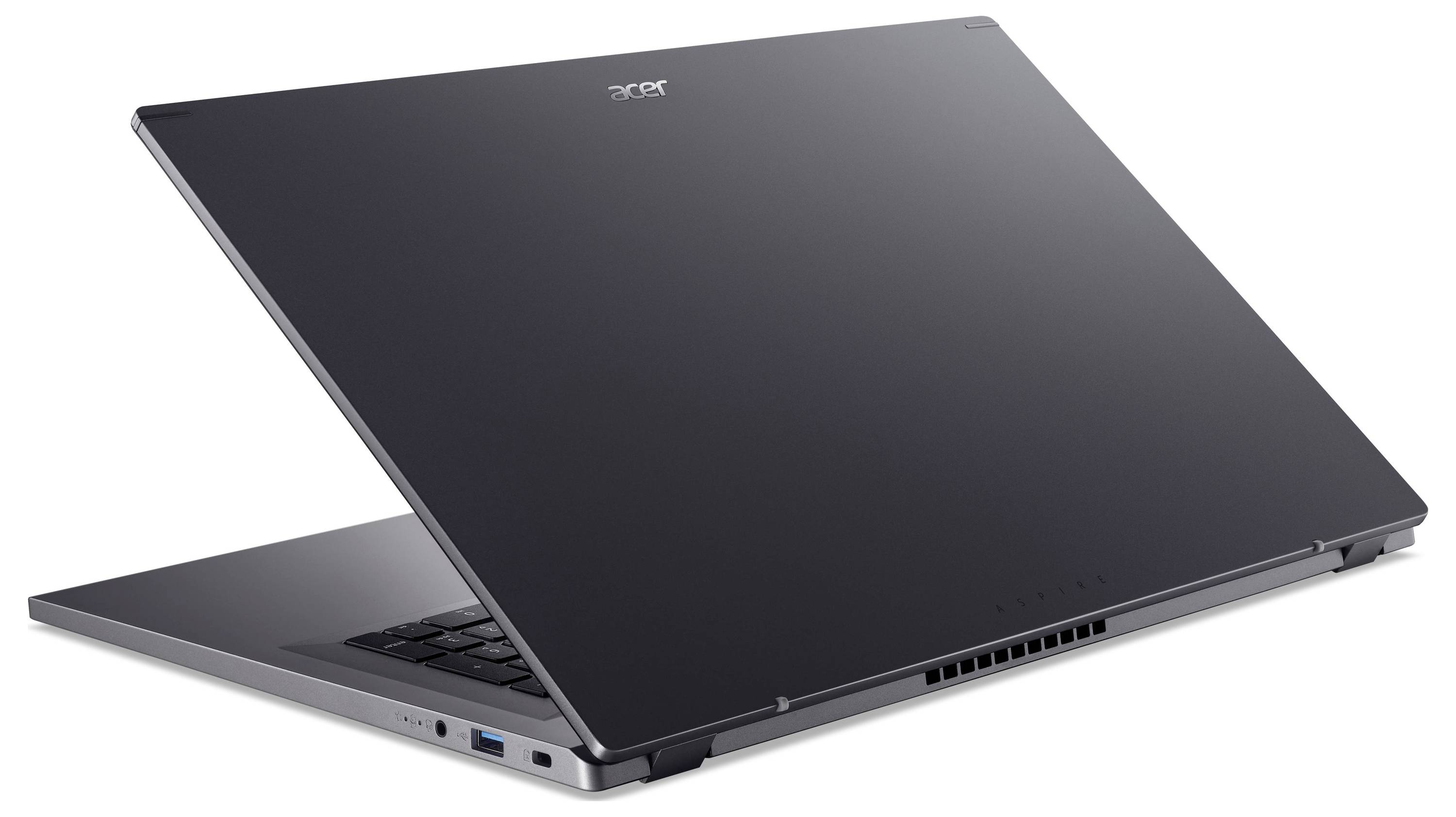 Ein geschlossener schwarzer Acer-Laptop, von hinten in einer Dreiviertelperspektive gezeigt, mit dem sichtbaren Acer-Logo auf dem Deckel und Anschlüssen entlang der Seite.