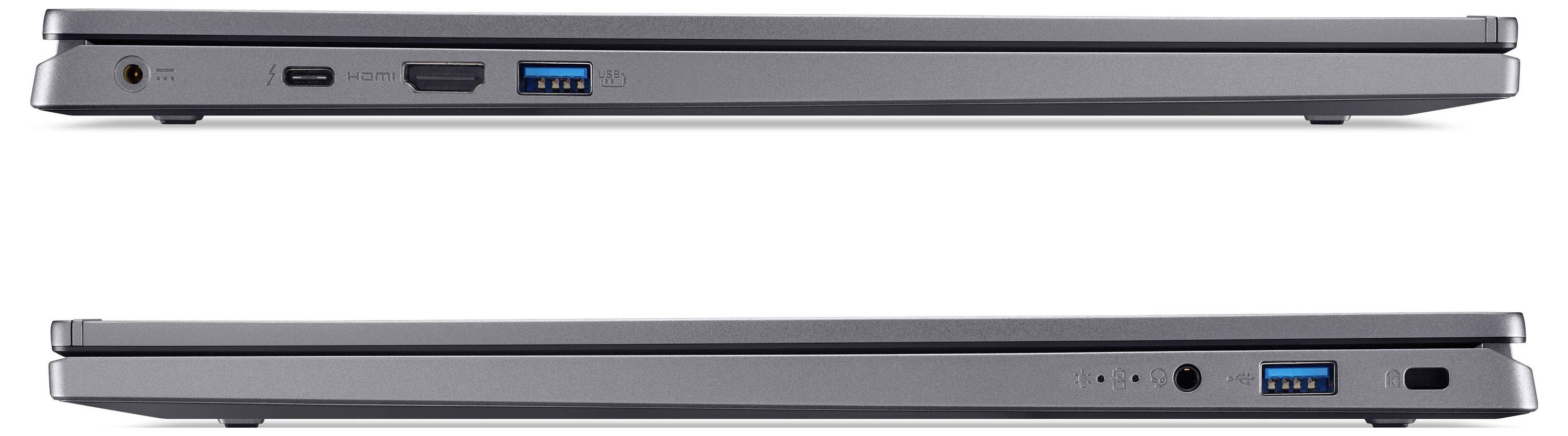 Zwei schlanke Laptop-Seitenansichten übereinander gestapelt, die Anschlüsse und Lüftungsschlitze entlang der Kanten eines geschlossenen grauen Notebook-Computers zeigen.