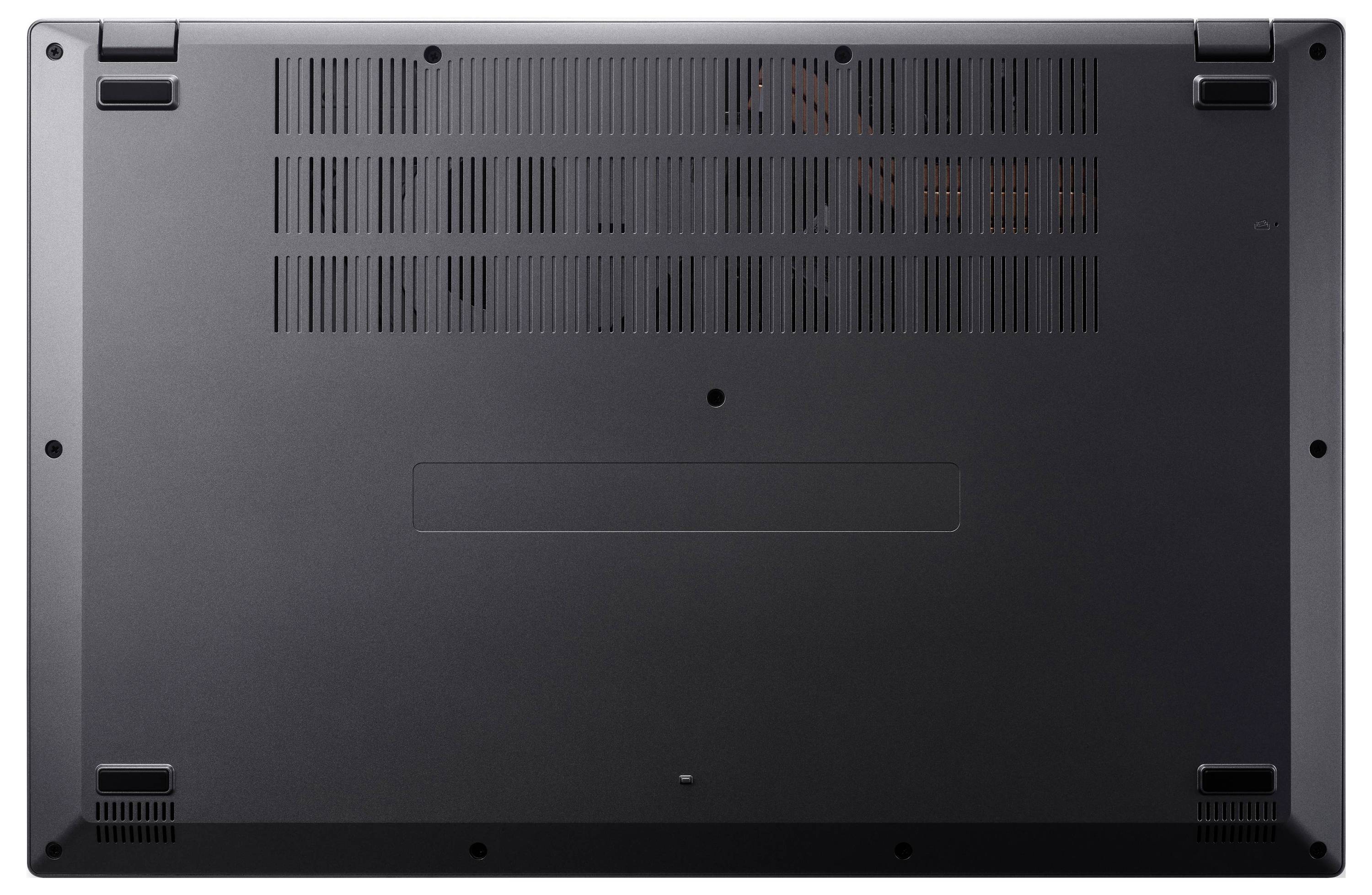 Unteransicht eines geschlossenen schwarzen Laptops mit Belüftungsgittern, Gummifüßen und Schraubenlöchern.