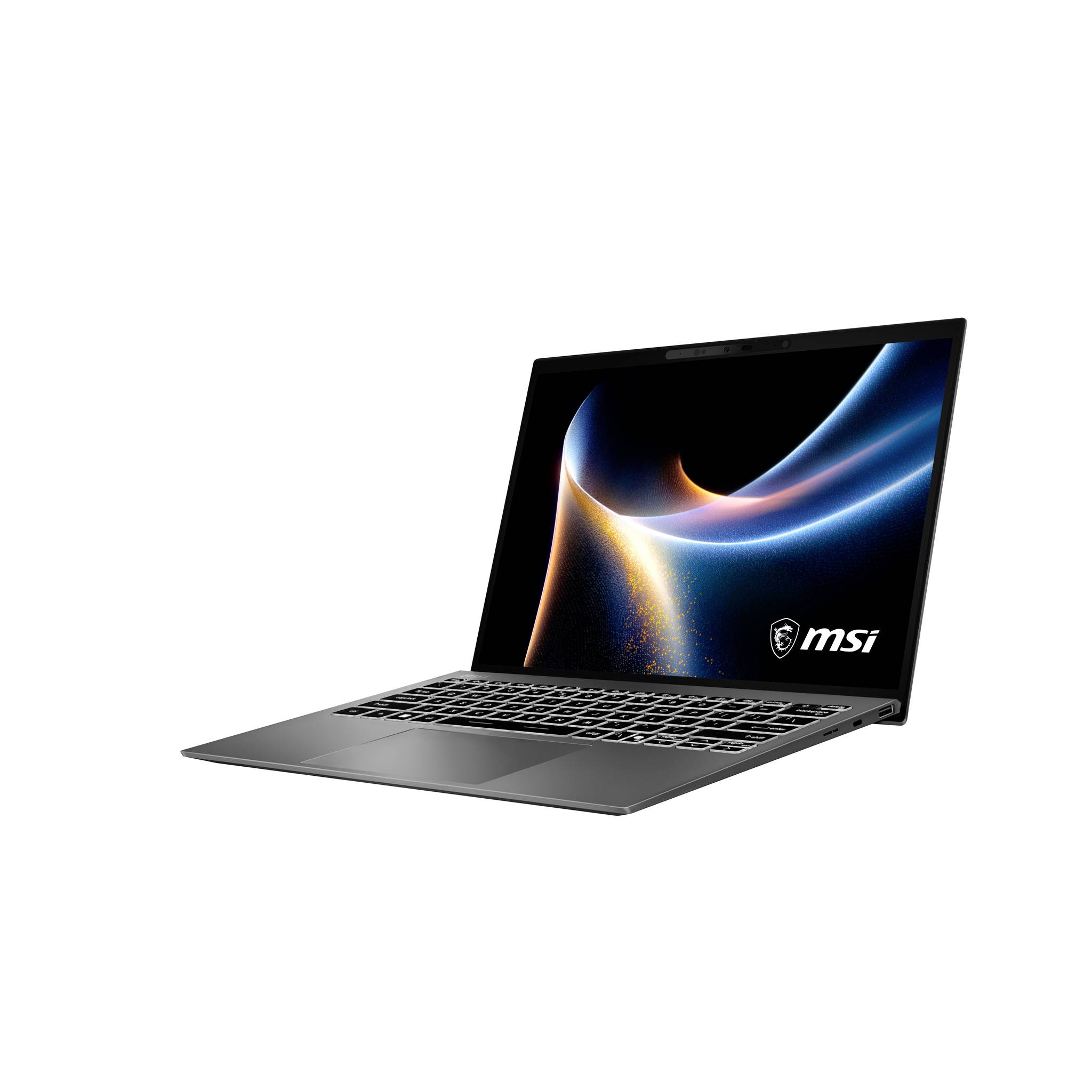 MSI-Laptop, der geöffnet in einem Winkel gezeigt wird und ein blau-goldenes abstraktes Hintergrundbild auf weißem Hintergrund anzeigt.