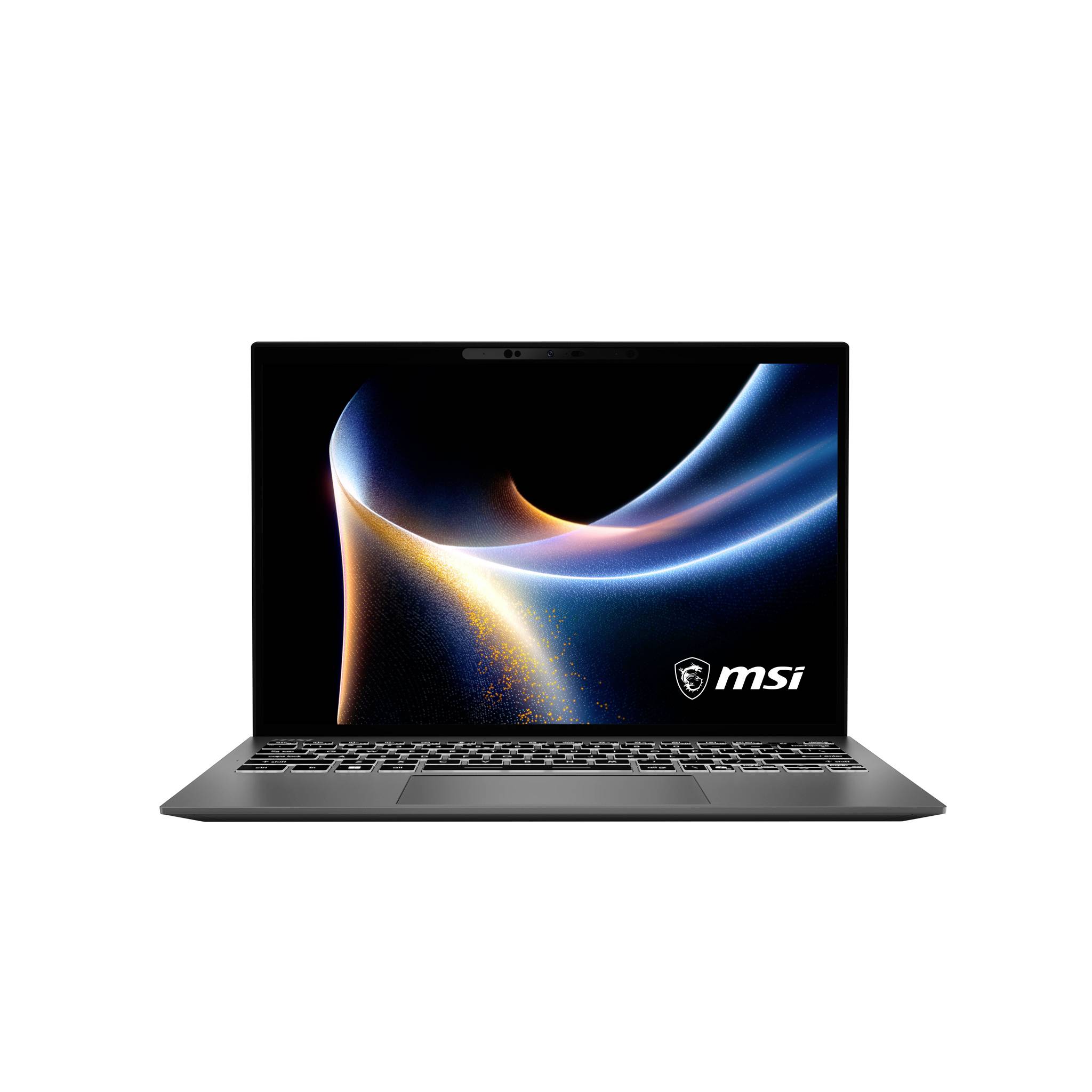Vorderansicht eines geöffneten MSI-Laptops auf weißem Hintergrund mit leuchtender abstrakter blau-goldener Tapete auf dem Bildschirm.