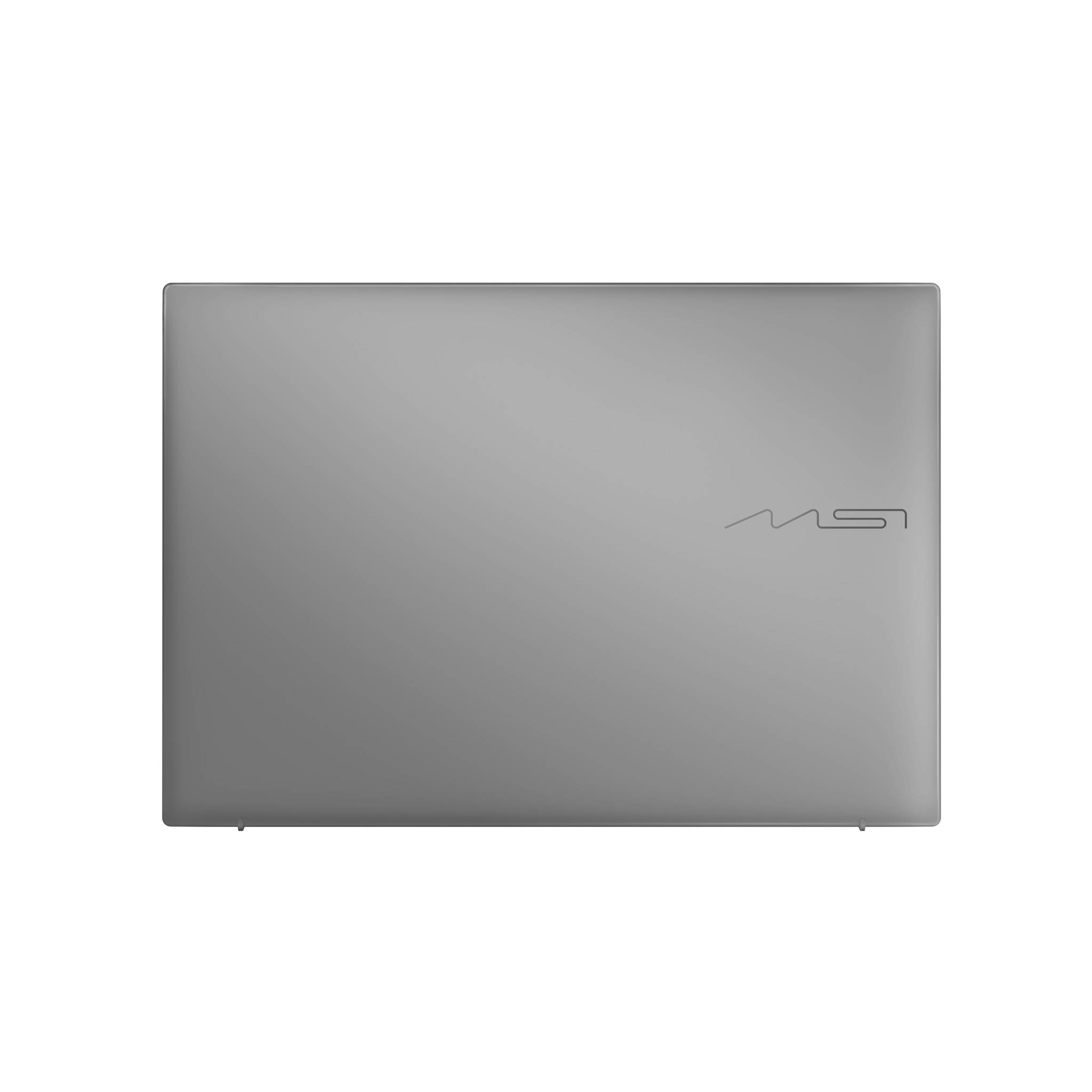 Geschlossener silberner MSI-Laptop von oben auf einfachem weißem Hintergrund.