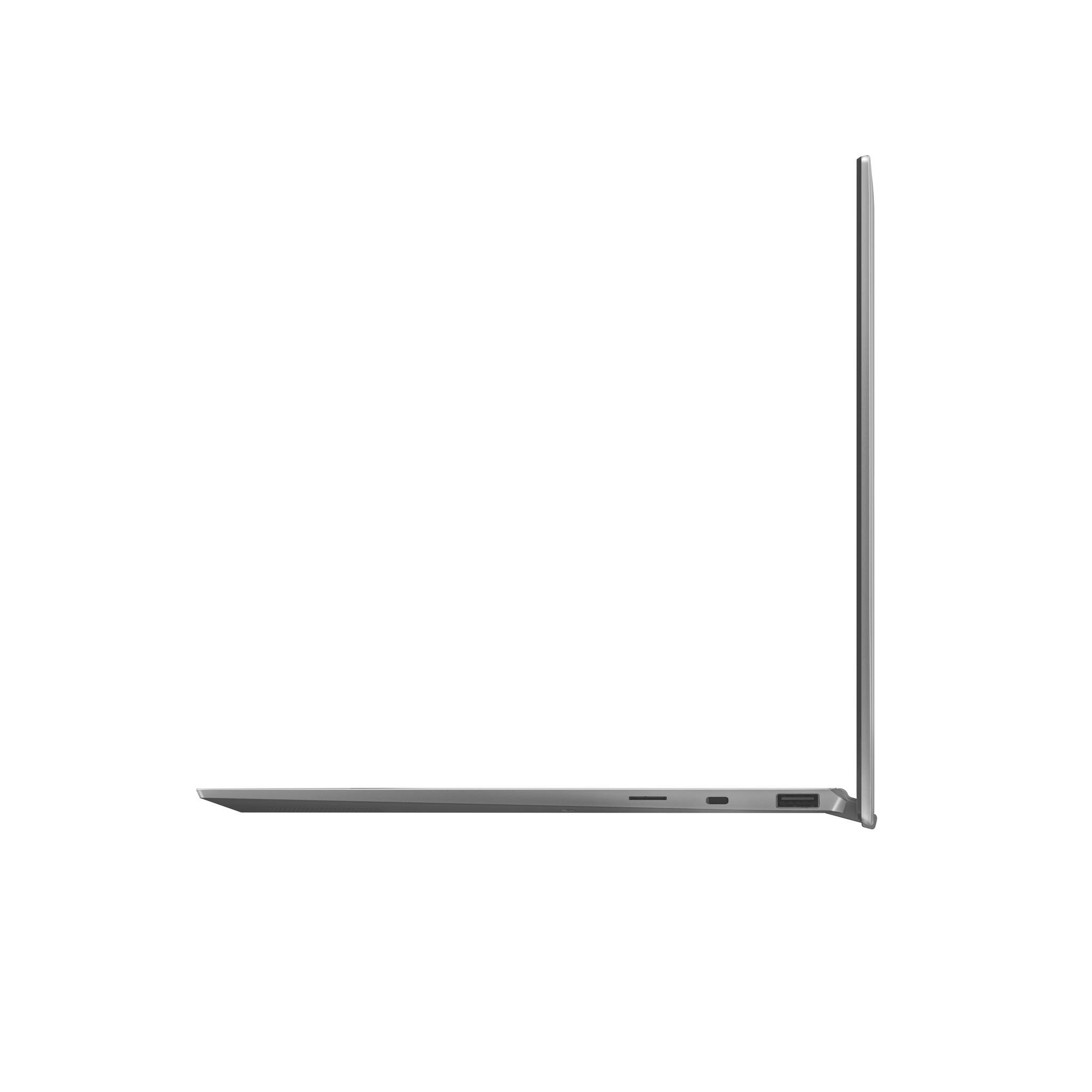 Dünner silberner Laptop in Seitenansicht, im rechten Winkel geöffnet mit horizontaler Tastaturebasis und vertikalem Bildschirm auf weißem Hintergrund.
