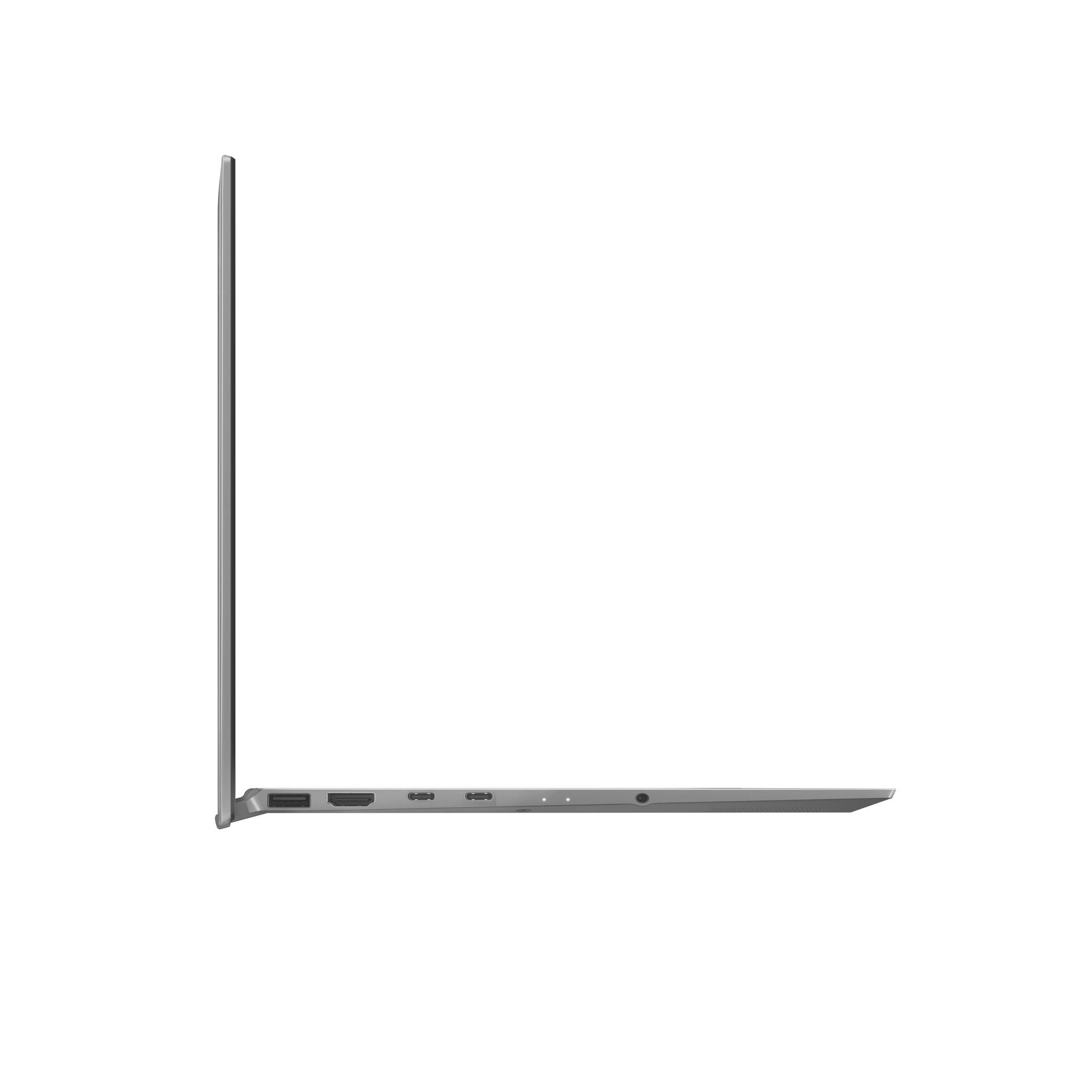 Seitenansicht eines dünnen grauen Laptops, der in einem rechten Winkel geöffnet auf weißem Hintergrund dargestellt ist.