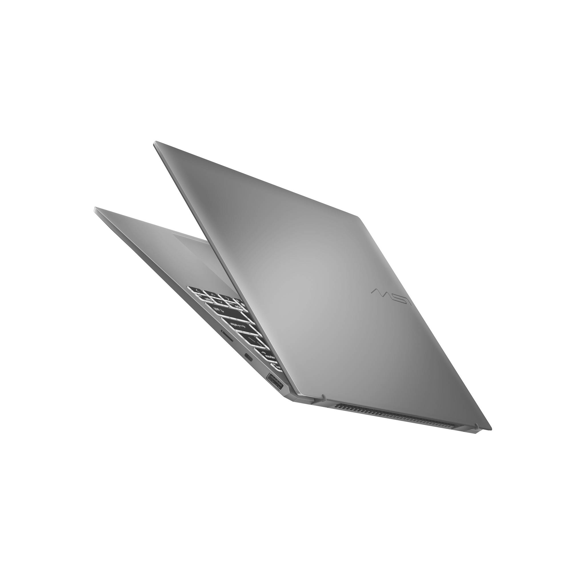 Zugeklappter silberner Laptop, der im Winkel auf weißem Hintergrund angezeigt wird, wobei die Tastatur teilweise sichtbar und der Deckel nach vorne gewandt ist.