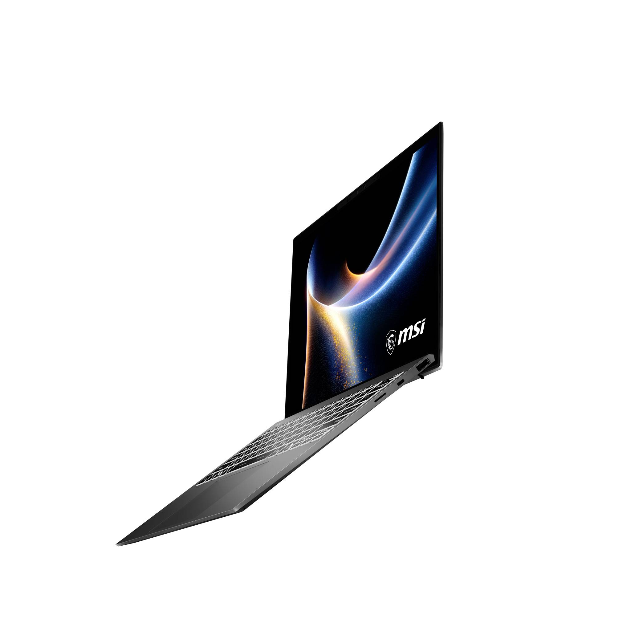 MSI-Laptop, der in einem Winkel geöffnet angezeigt wird und ein dünnes Profil, eine Tastatur und einen Bildschirm mit abstraktem blau-orange Display und MSI-Logo aufweist.