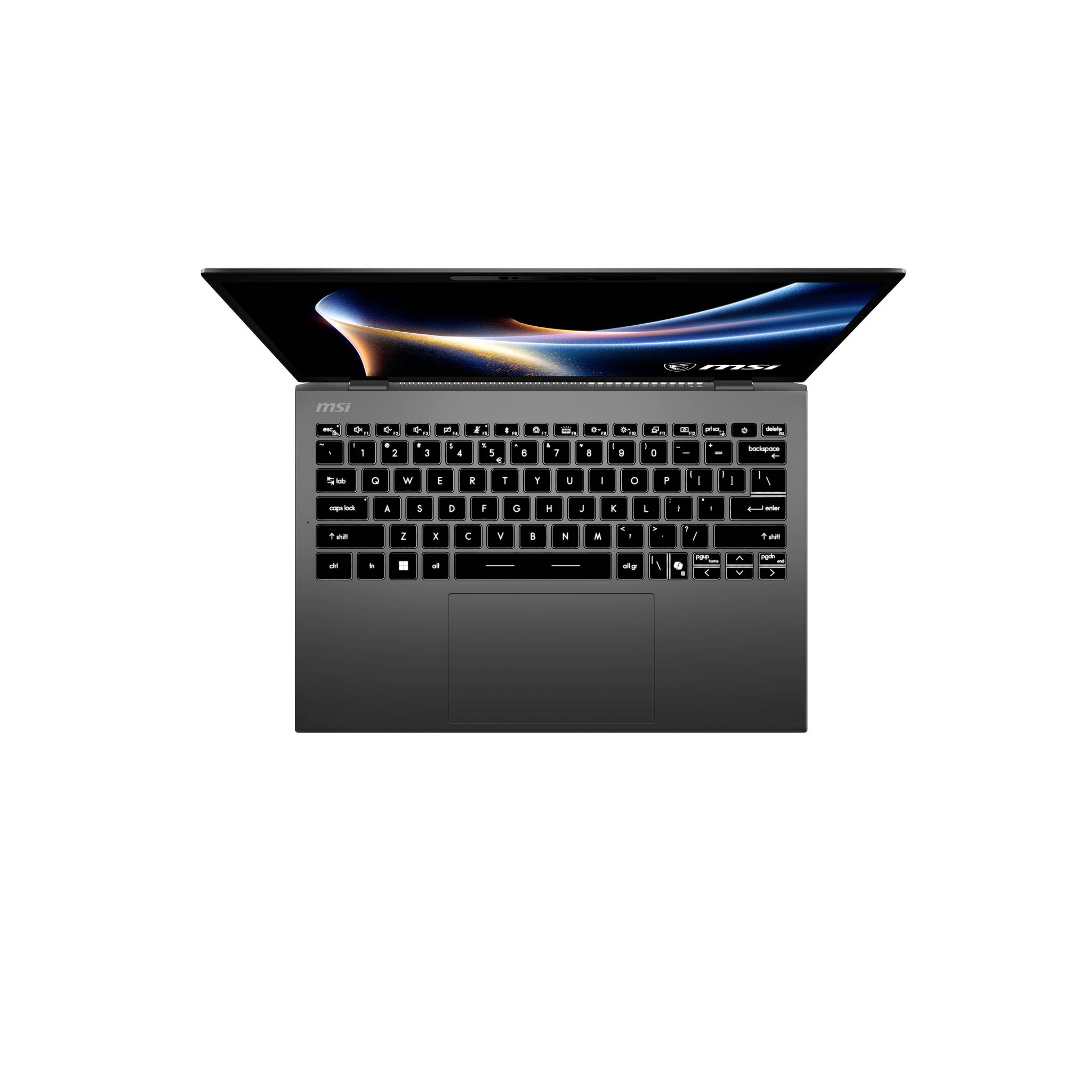 Laptop mit dunkler Tastatur und Bildschirm, der ein blau-goldenes abstraktes Hintergrundbild auf weißem Hintergrund anzeigt.
