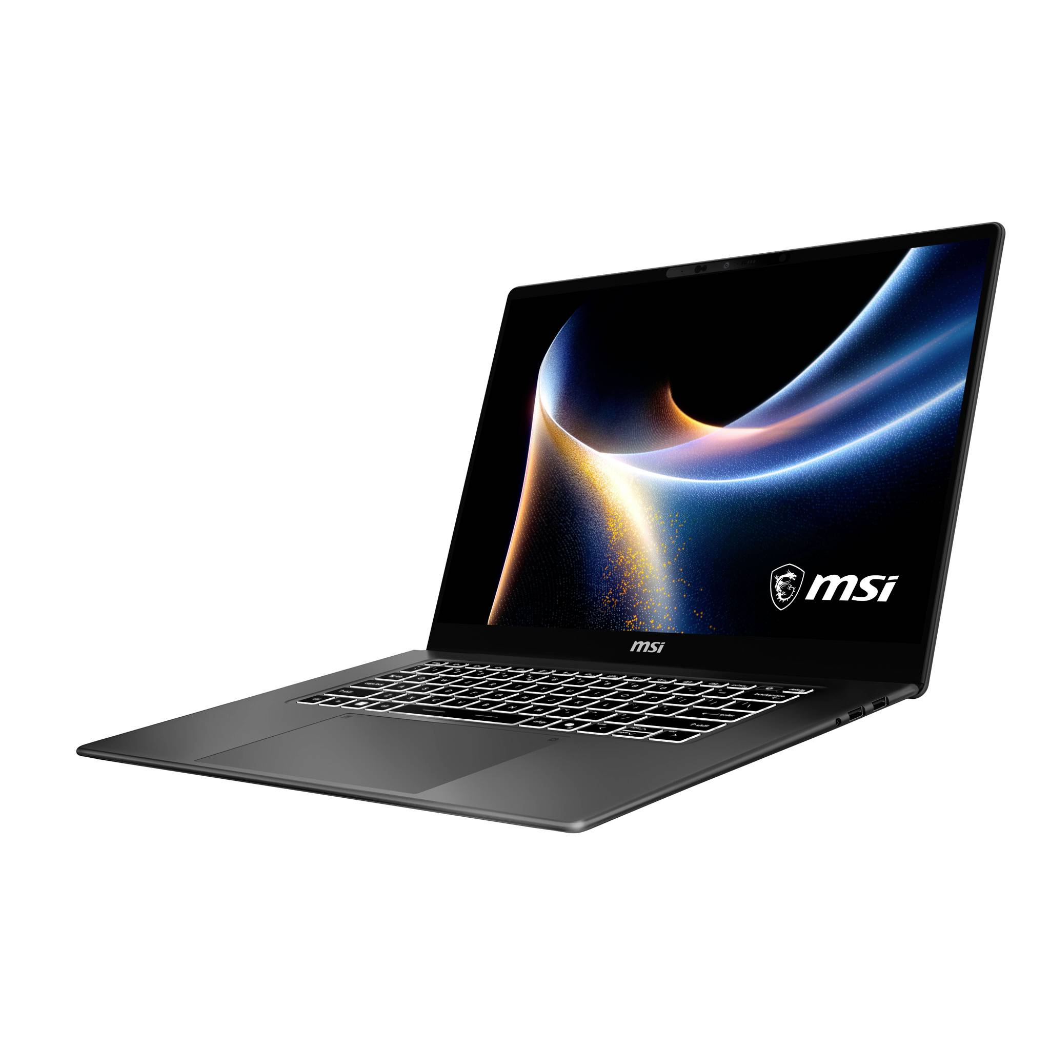 MSI-Laptop in geöffneter Position unter einem Winkel auf weißem Hintergrund dargestellt, zeigt ein farbenfohes abstraktes Hintergrundbild und MSI-Logo auf dem Bildschirm.