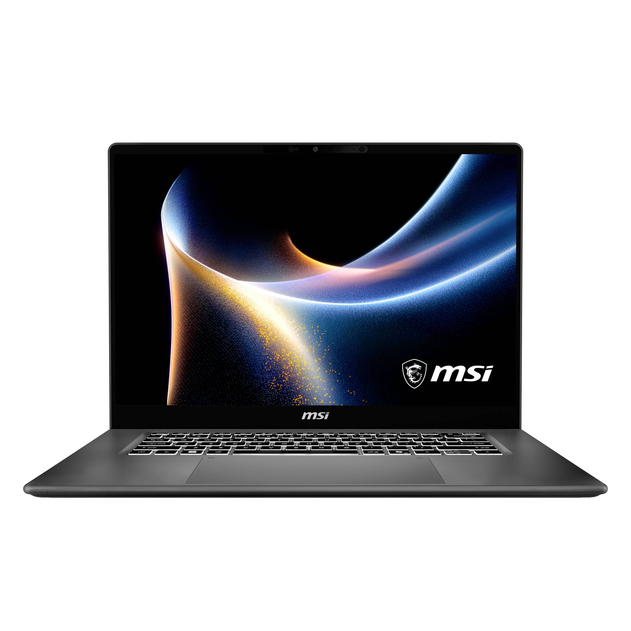 Vorderansicht eines offenen MSI-Laptops auf weißem Hintergrund, das einen dunklen abstrakten Hintergrund und das MSI-Logo auf dem Bildschirm zeigt.