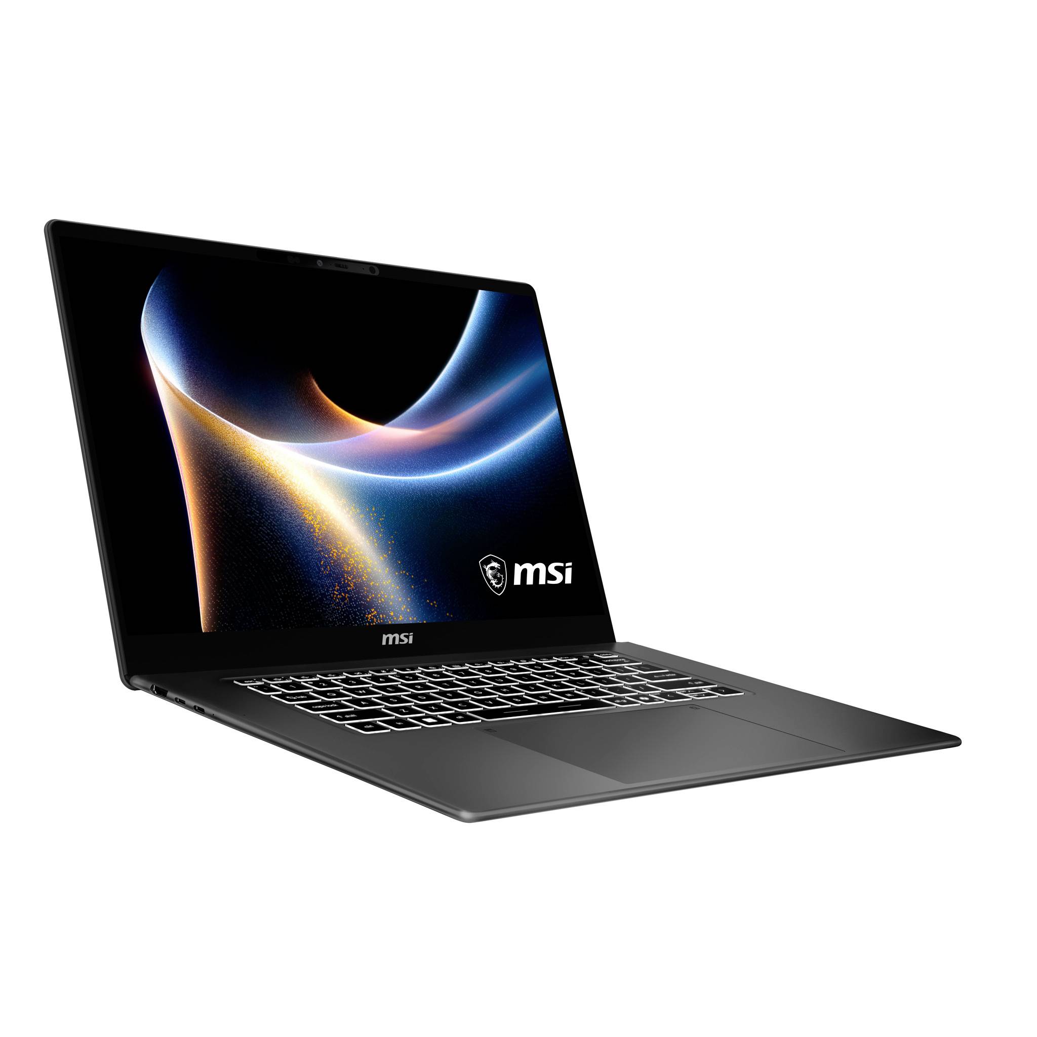 MSI-Laptop geöffnet, schräg auf weißem Hintergrund positioniert, zeigt eine leuchtende abstrakte Tapete auf dem Bildschirm.