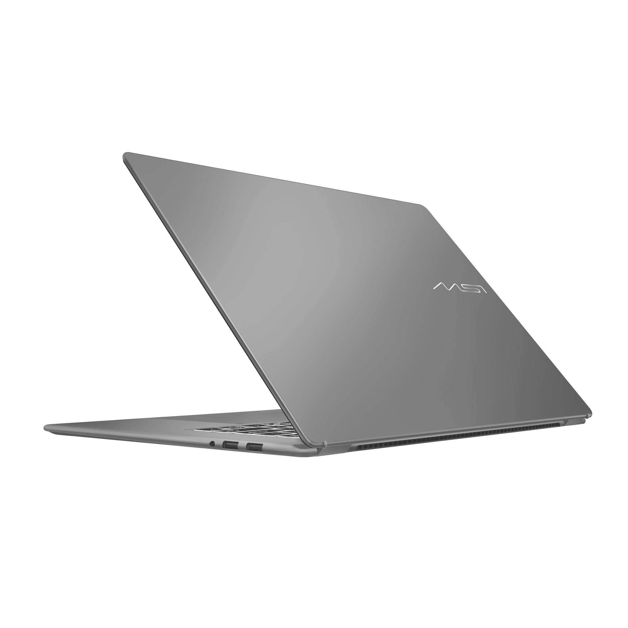 Grauer MSI-Laptop, teilweise offen auf weißem Hintergrund gezeigt, von der Seite betrachtet.