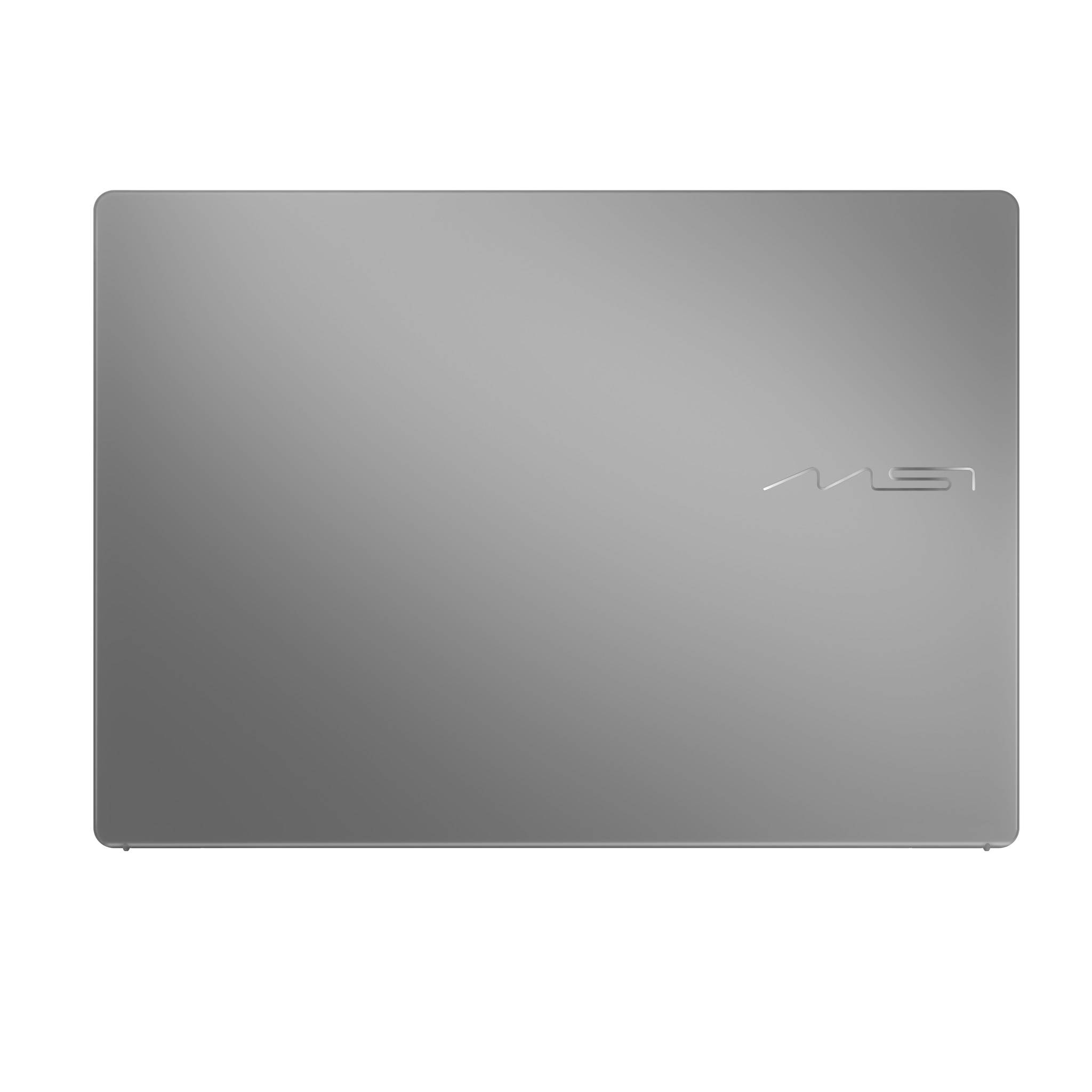 Geschlossener silberner MSI-Laptop von oben auf weißem Hintergrund betrachtet.
