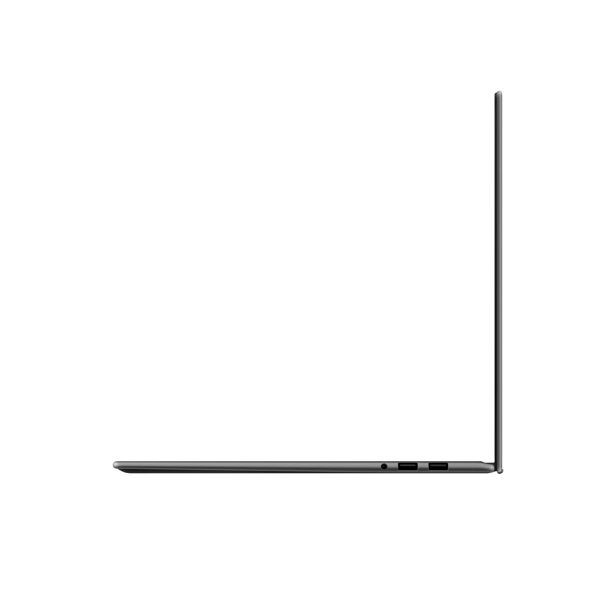Seitenansicht eines dünnen geschlossenen Laptops, dargestellt in einer L-Form mit dem Bildschirm aufrecht und der Basis flach.