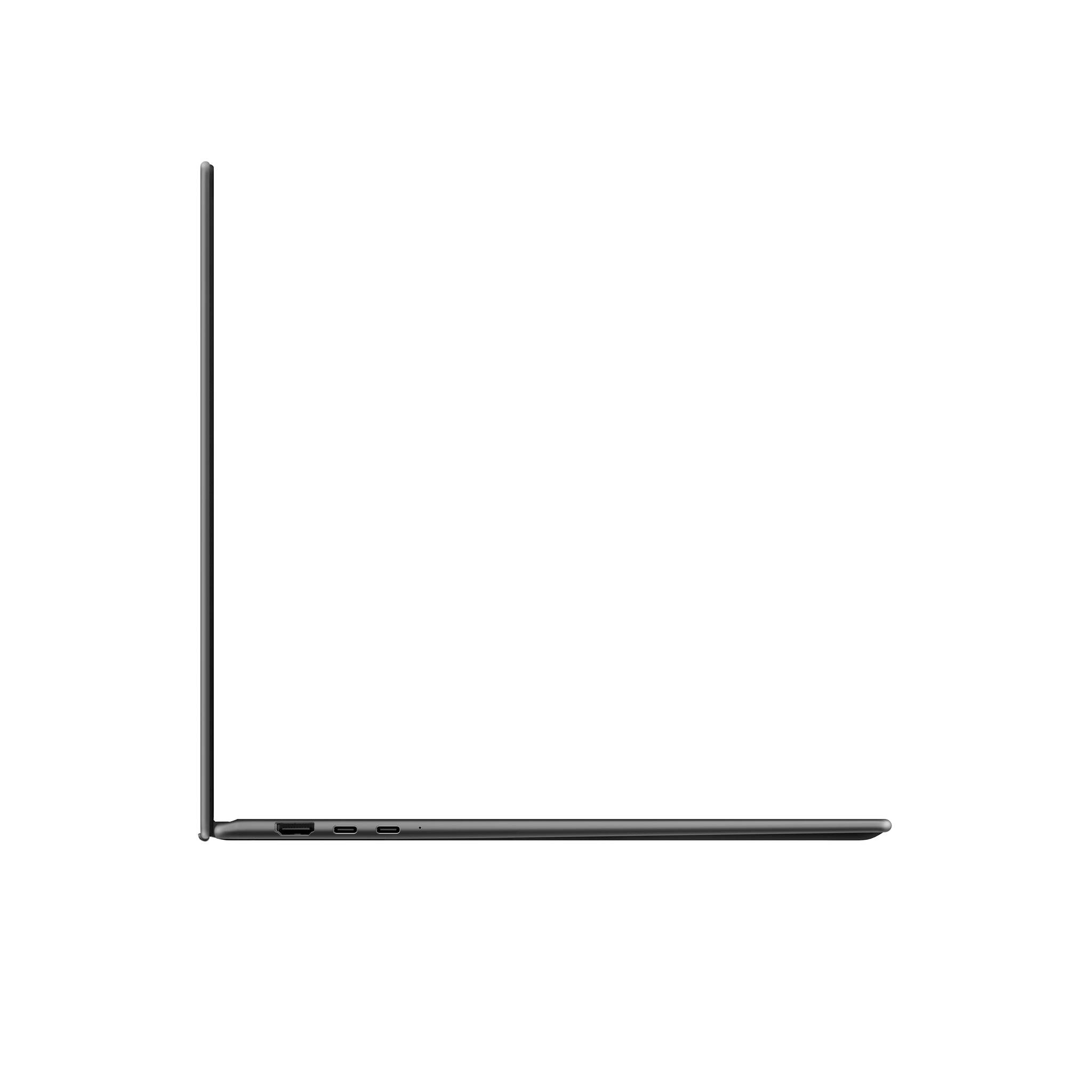 Dünner schwarzer Laptop in Seitenansicht geöffnet, der sein schlankes Profil und das Scharnier betont.