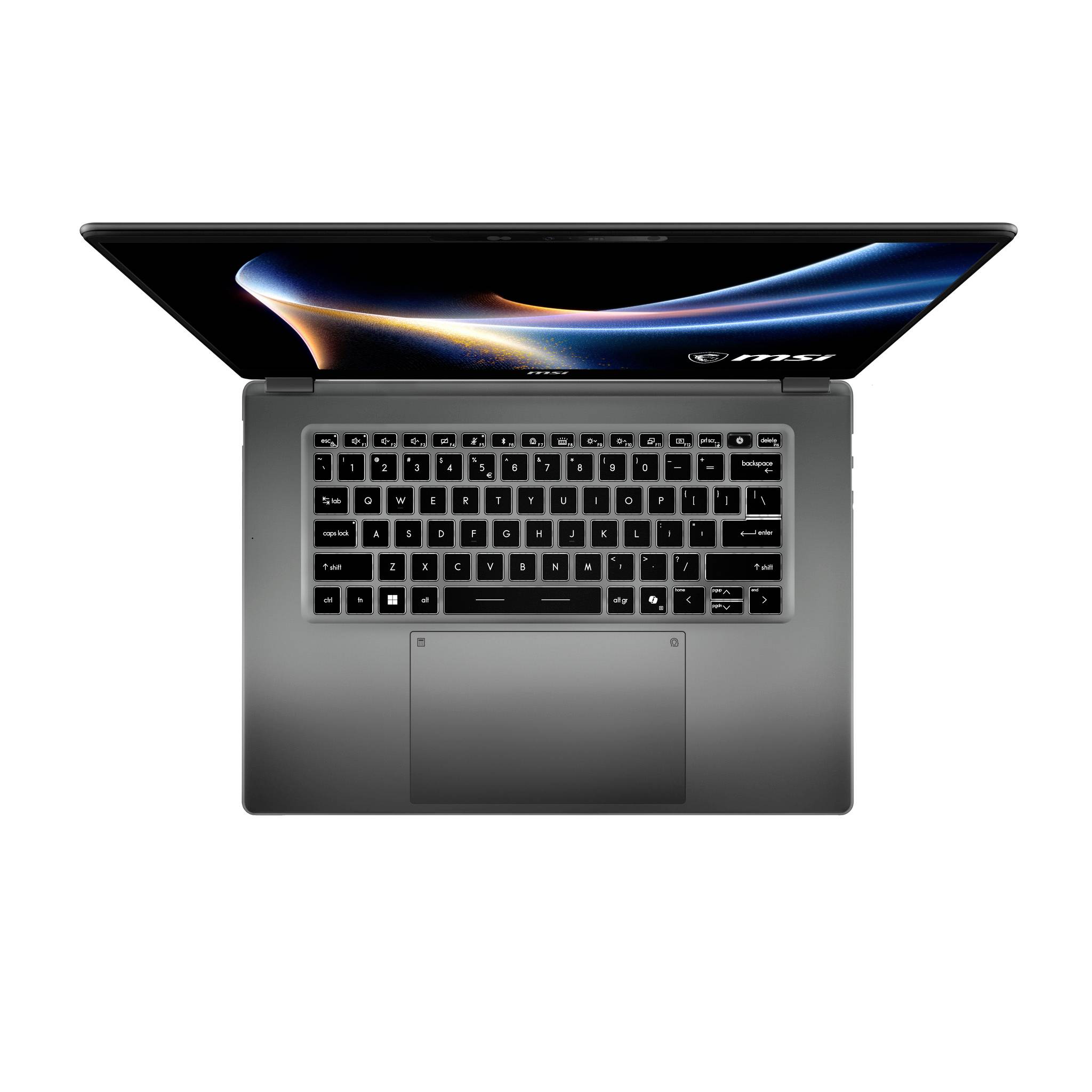 Draufsicht auf einen offenen MSI-Laptop auf weißem Hintergrund, der den Bildschirm, die Tastatur und das große Touchpad zeigt.