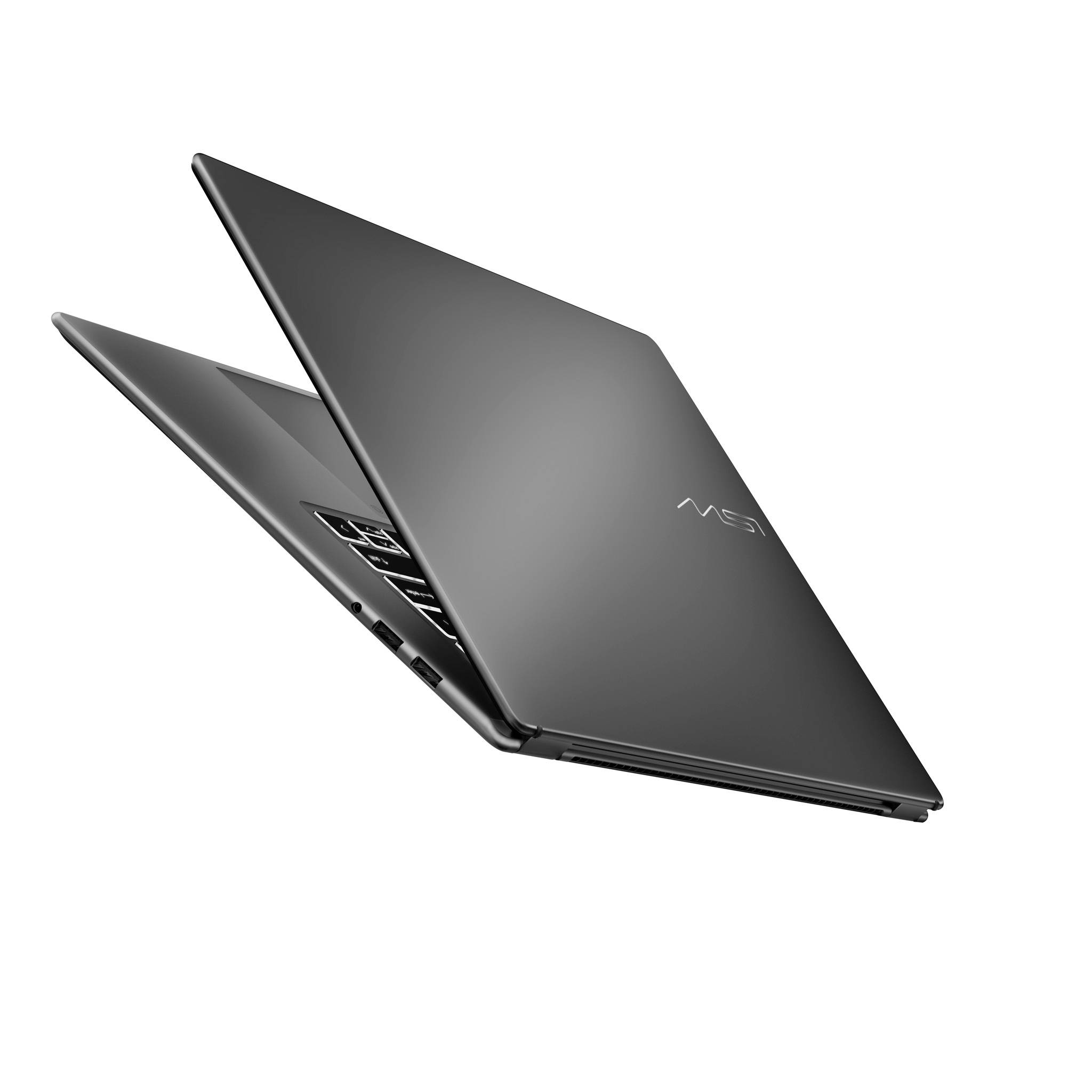 Zwei geschlossene dunkelgraue Laptops in einem Winkel übereinander gestapelt, die das Logo auf dem Deckel und die Seitenports auf weißem Hintergrund zeigen.