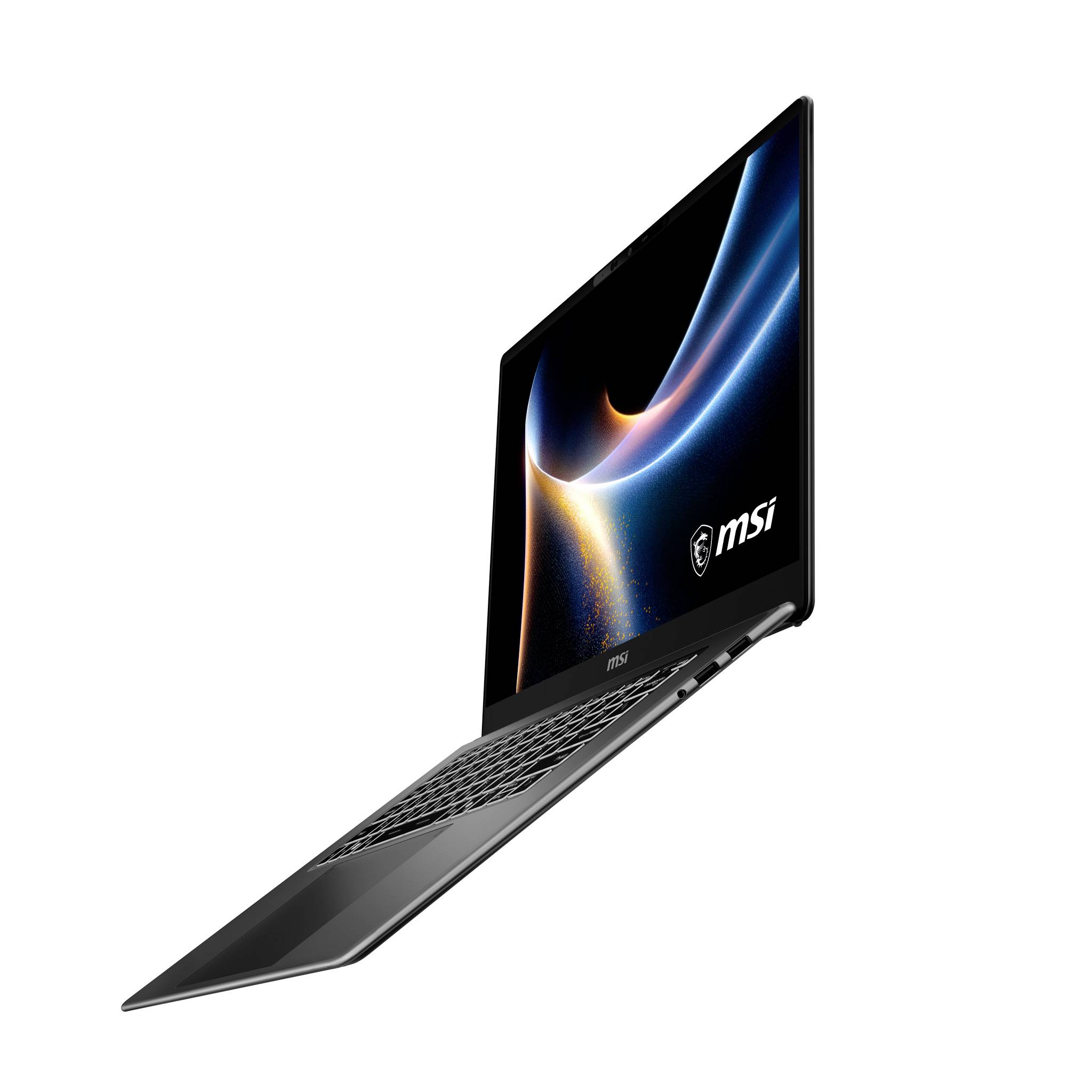 MSI-Laptop teilweise geöffnet auf weißem Hintergrund, wobei ein Bildschirm mit blauem und goldenem abstraktem, weltraumartigem Hintergrundbild angezeigt wird.