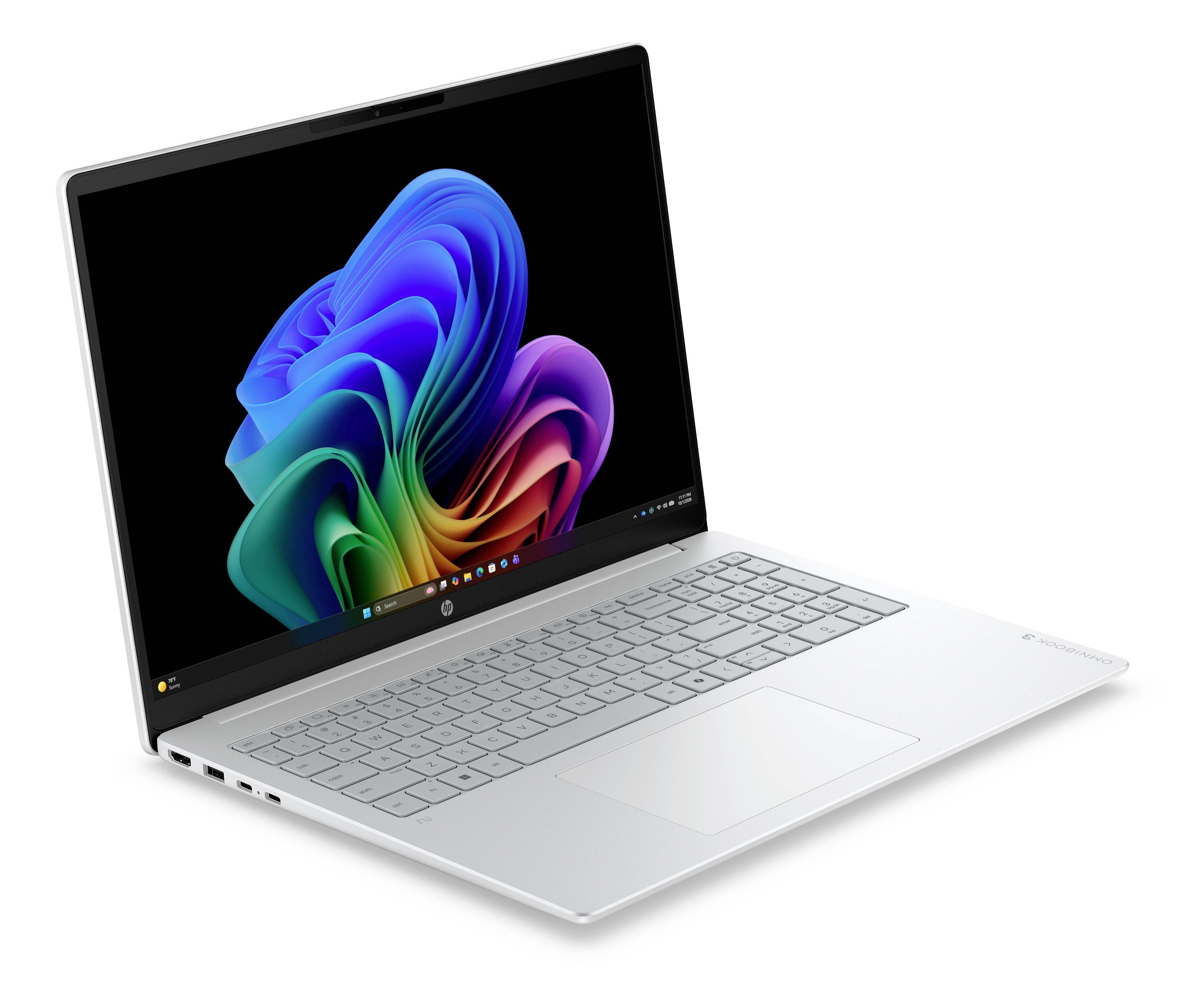 Silberner Laptop in einem Winkel geöffnet, auf dem Bildschirm ein farbenfroher abstrakter blumenartiger Hintergrund zu sehen.