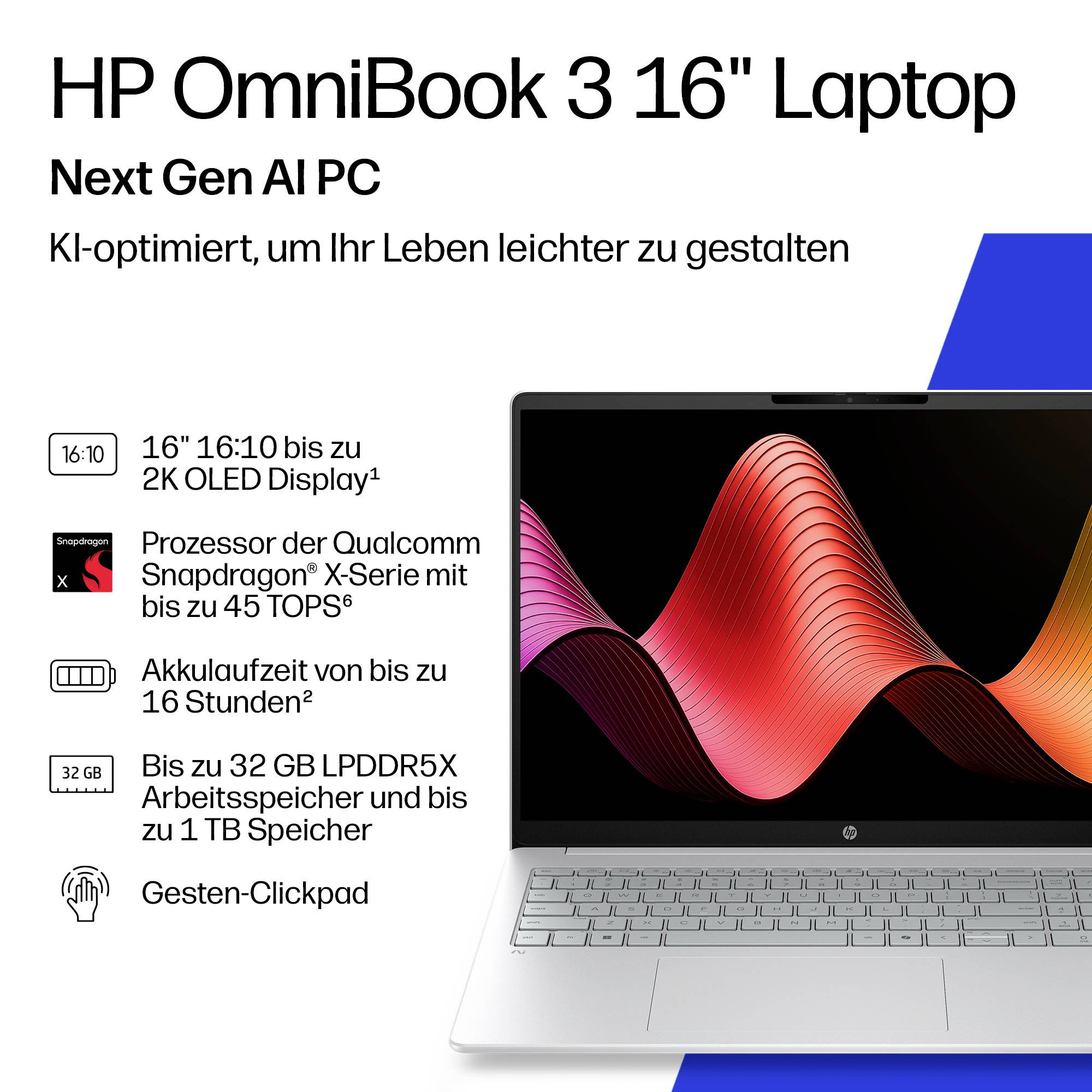 HP OmniBook 3 16-Zoll-Laptop-Anzeige mit einem „Next Gen AI PC" mit 16:10 2K OLED-Display, Snapdragon X Series bis zu 45 TOPS, bis zu 16 Stunden Akkulaufzeit und bis zu 32 GB RAM, 1 TB Speicher.