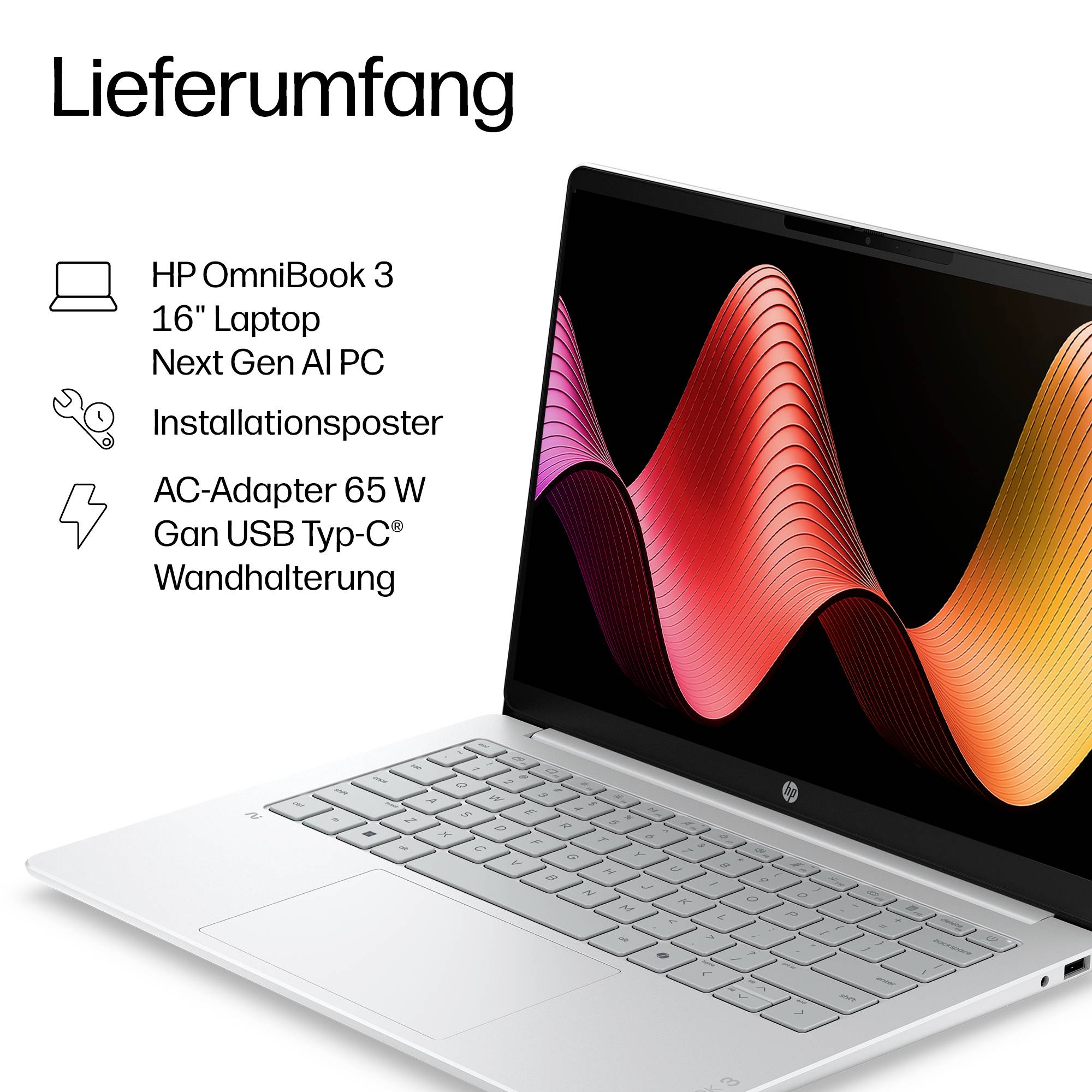 HP OmniBook 3 16-Zoll-Laptop-Paketinhalt: Laptop, Installationsplakat und 65-W-Netzteil mit USB-C-Wandhalterung.