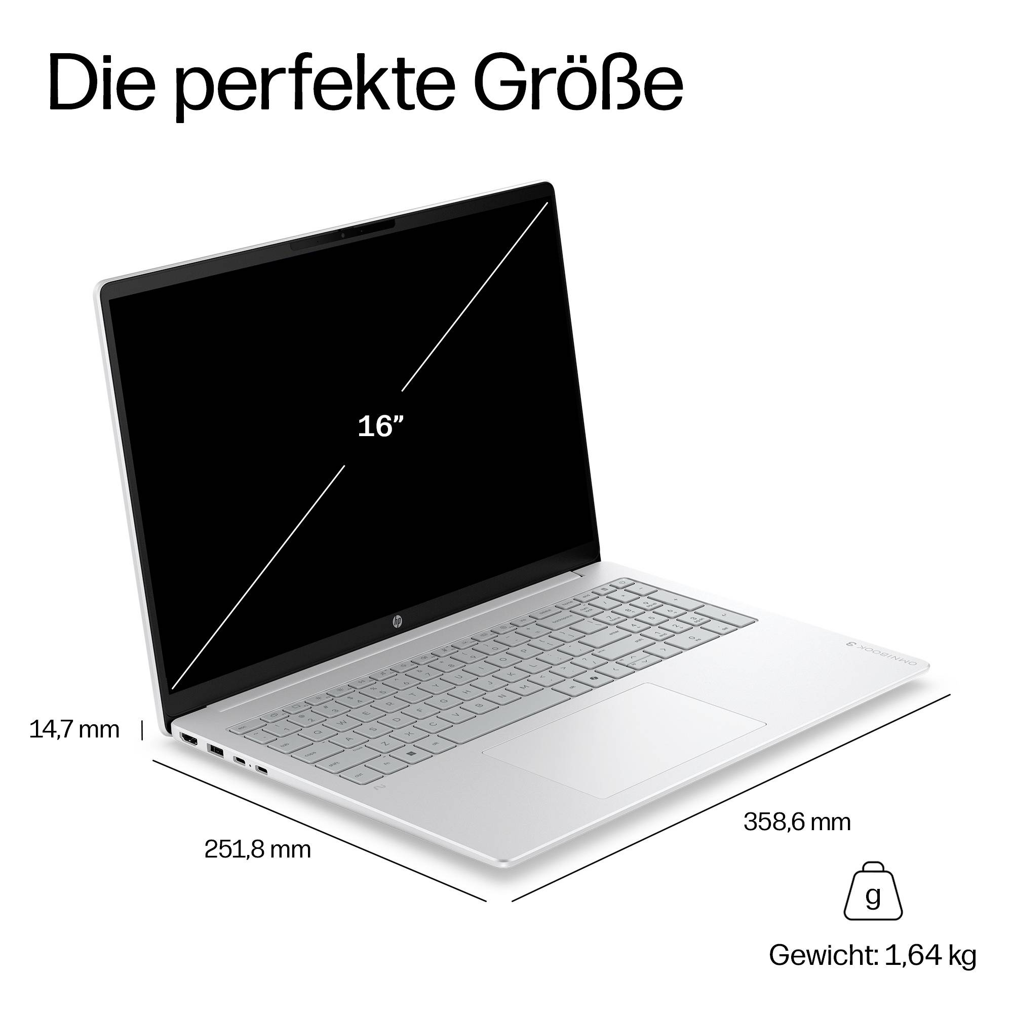 Laptop-Illustration mit der Beschriftung „Die perfekte Größe" zeigt einen 16-Zoll-Bildschirm, Abmessungen 358,6 mm mal 251,8 mm mal 14,7 mm und Gewicht 1,64 kg.