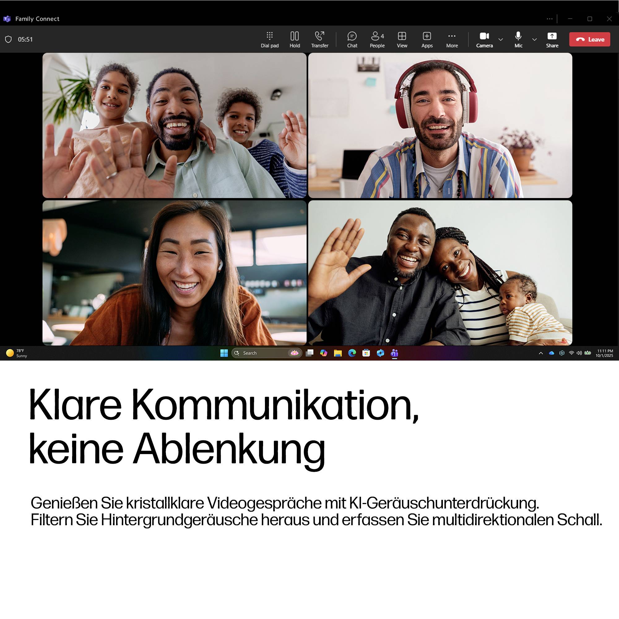 Videoanrufraster mit vier lächelnden Teilnehmern über deutschem Text, der klare Kommunikation und keine Ablenkung mit KI-Rauschunterdrückung fördert.