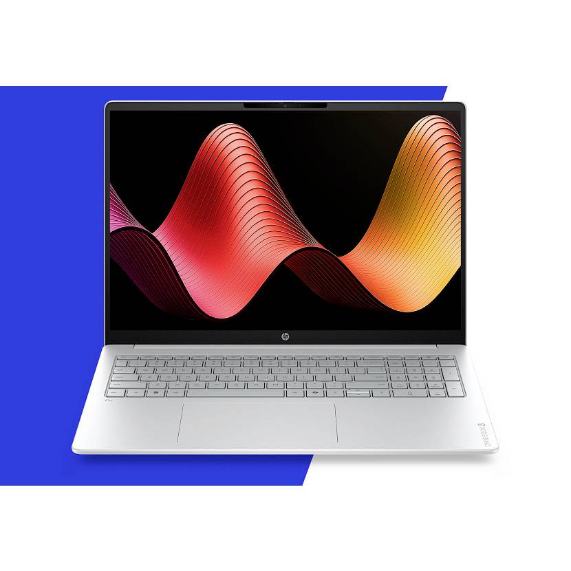 Silberner Laptop mit schwarzem Bildschirm, auf dem bunte wellenförmige abstrakte Grafiken auf blauem geometrischem Hintergrund angezeigt werden.