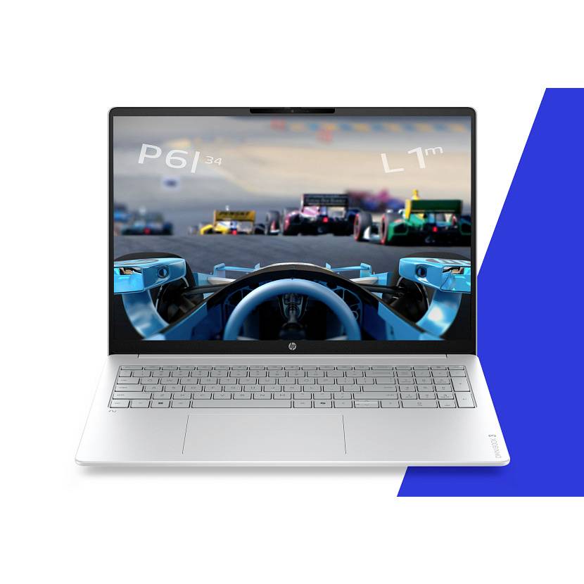 Silberner Laptop, auf dem ein Ego-Perspektiv-Formel-1-Rennspiel angezeigt wird, mit mehreren Rennwagen vor sich auf der Strecke.