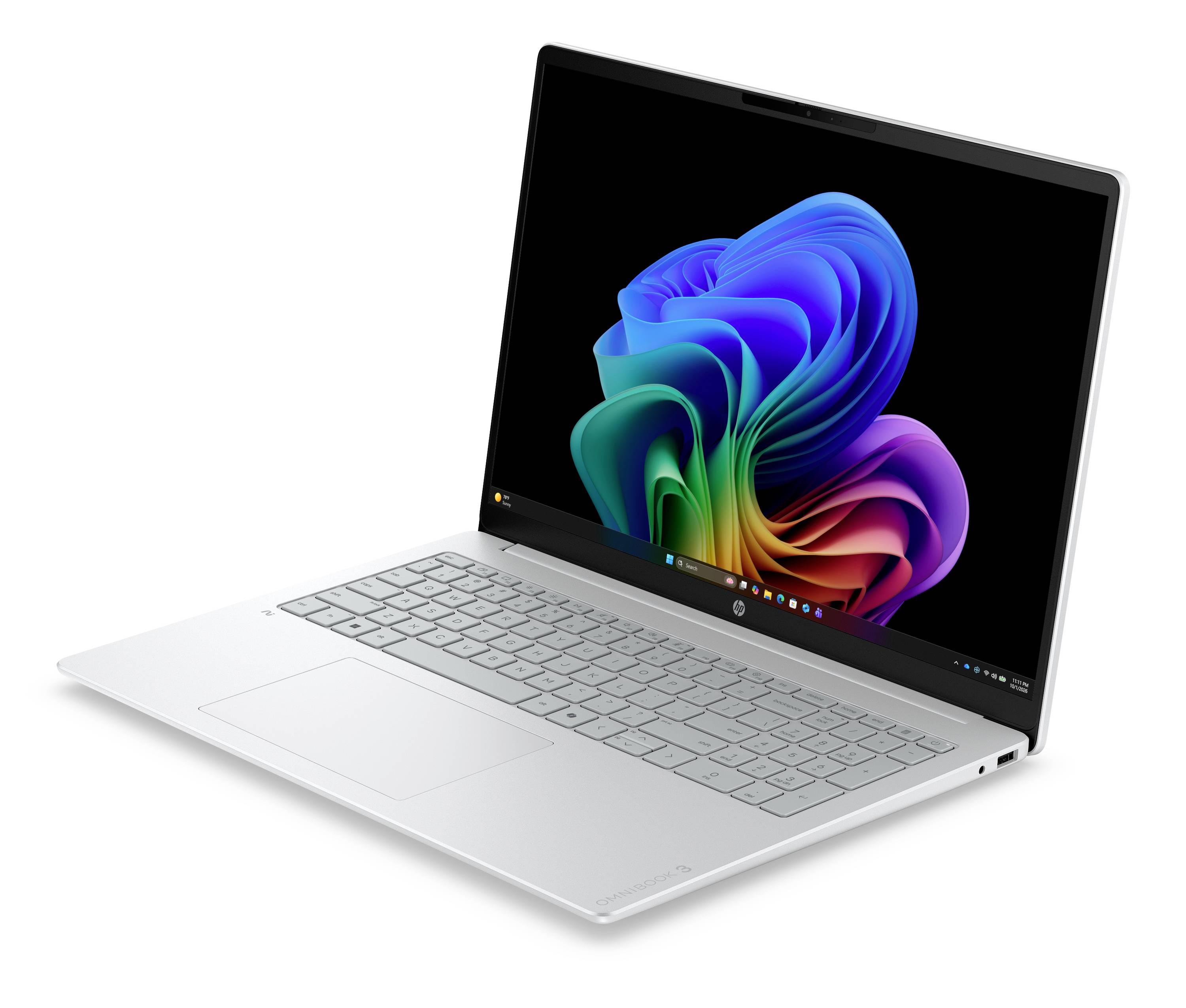 Silberner Laptop im Winkel geöffnet, zeigt eine farbenfrohe abstrakte blumenähnliche Tapete auf dem Bildschirm.
