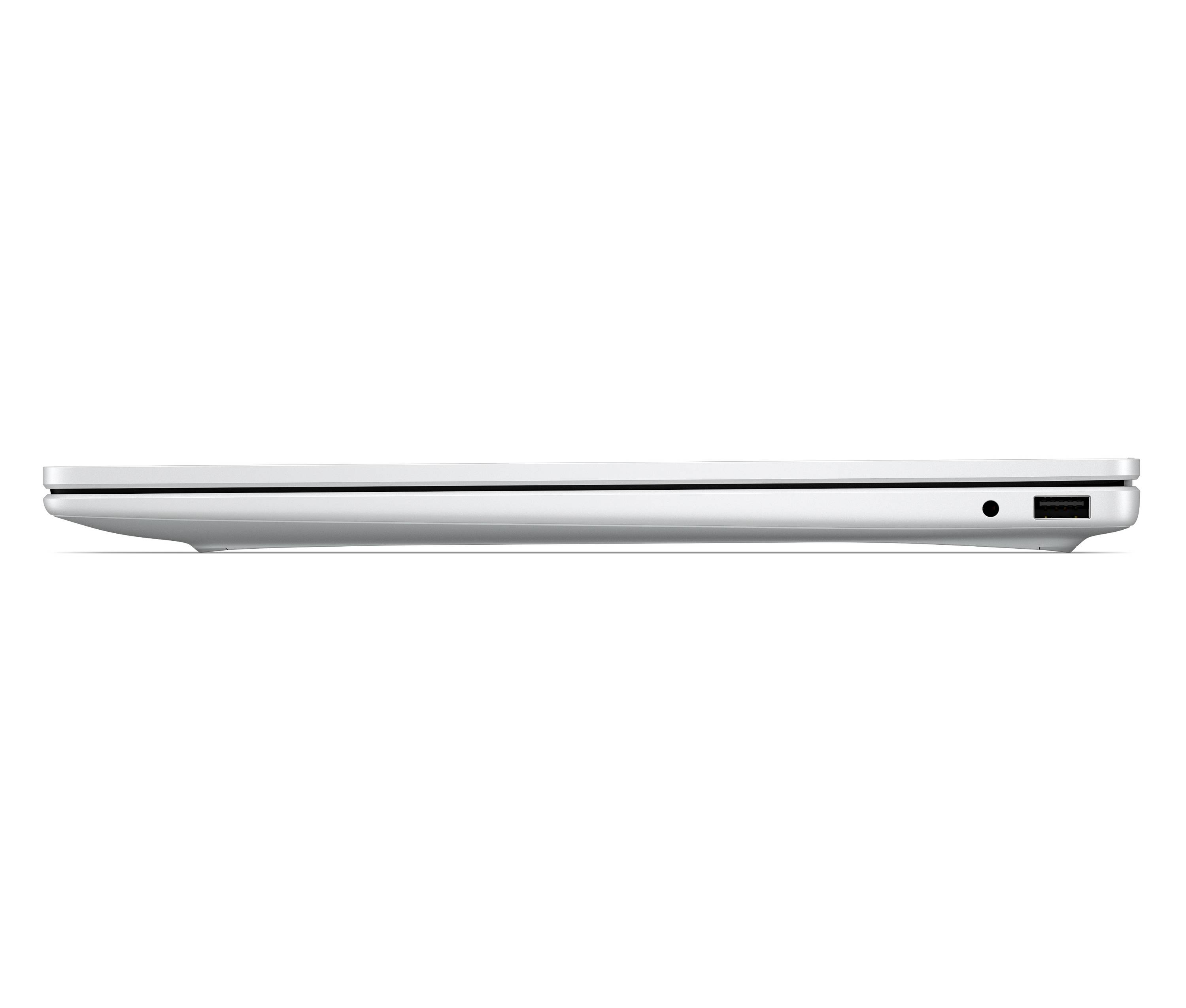 Seitenansicht eines geschlossenen silbernen Laptops auf weißem Hintergrund, die das dünne Profil und die Anschlüsse auf der rechten Seite zeigt.