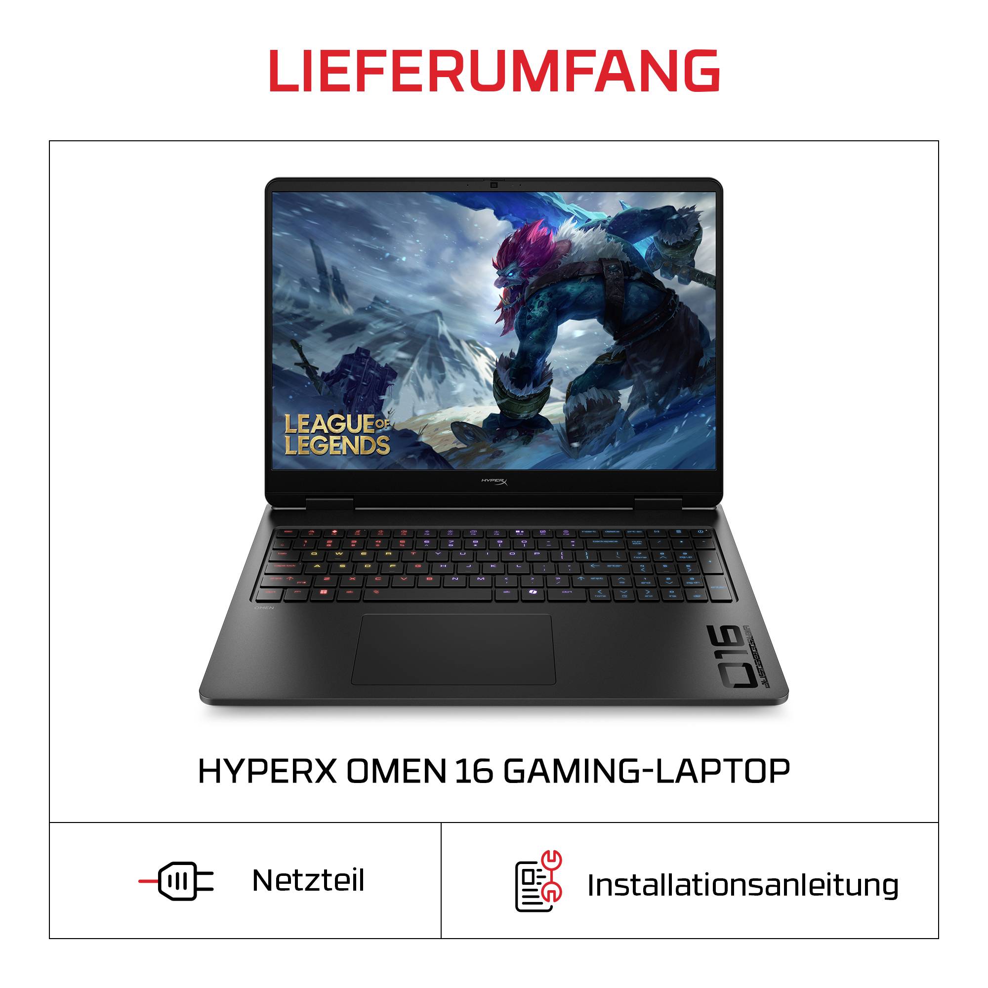 Produktinhalte auf dem Bild zeigen einen HP Omen 16 Gaming-Laptop, einen Netzteil und ein Installationshandbuch.