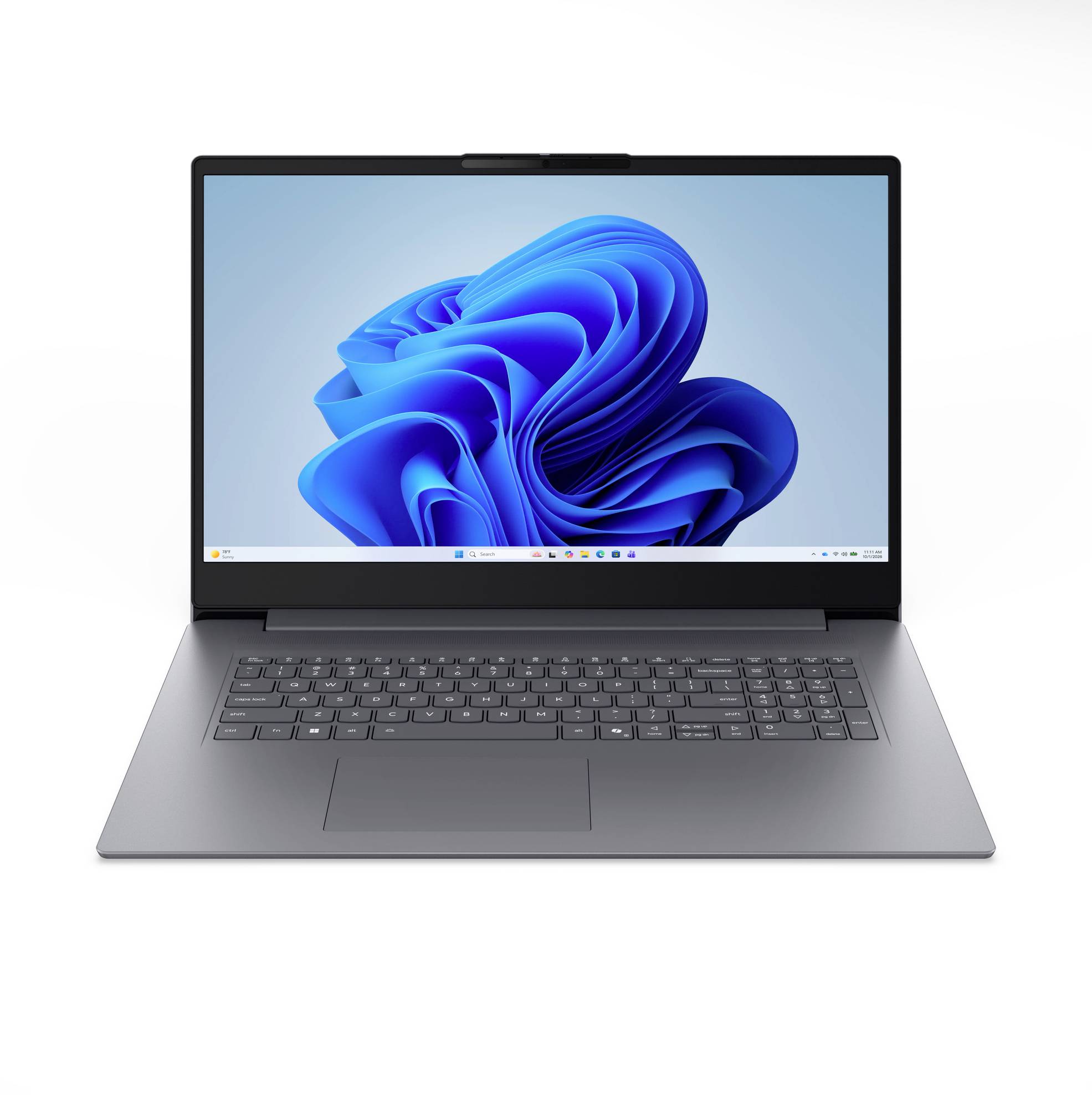 Ein grauer Laptop, der auf weißem Hintergrund offen ist und zeigt auf dem Bildschirm eine blauabstrakte Tapete im Windows-Stil.