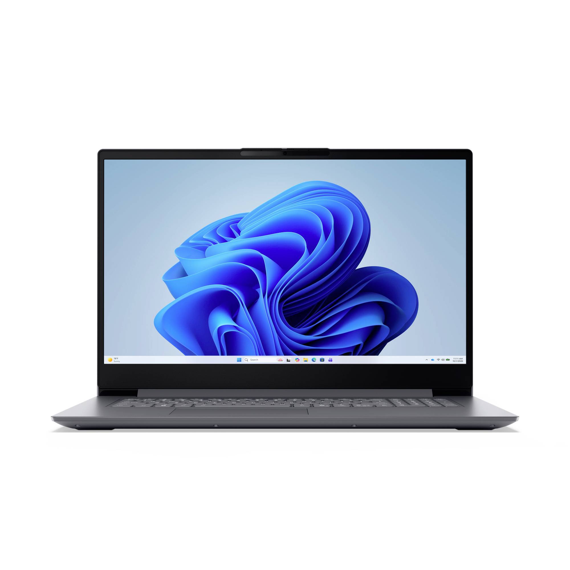 Grauer Laptop mit dem blauen abstrakten Hintergrund von Windows 11 auf weißem Hintergrund.