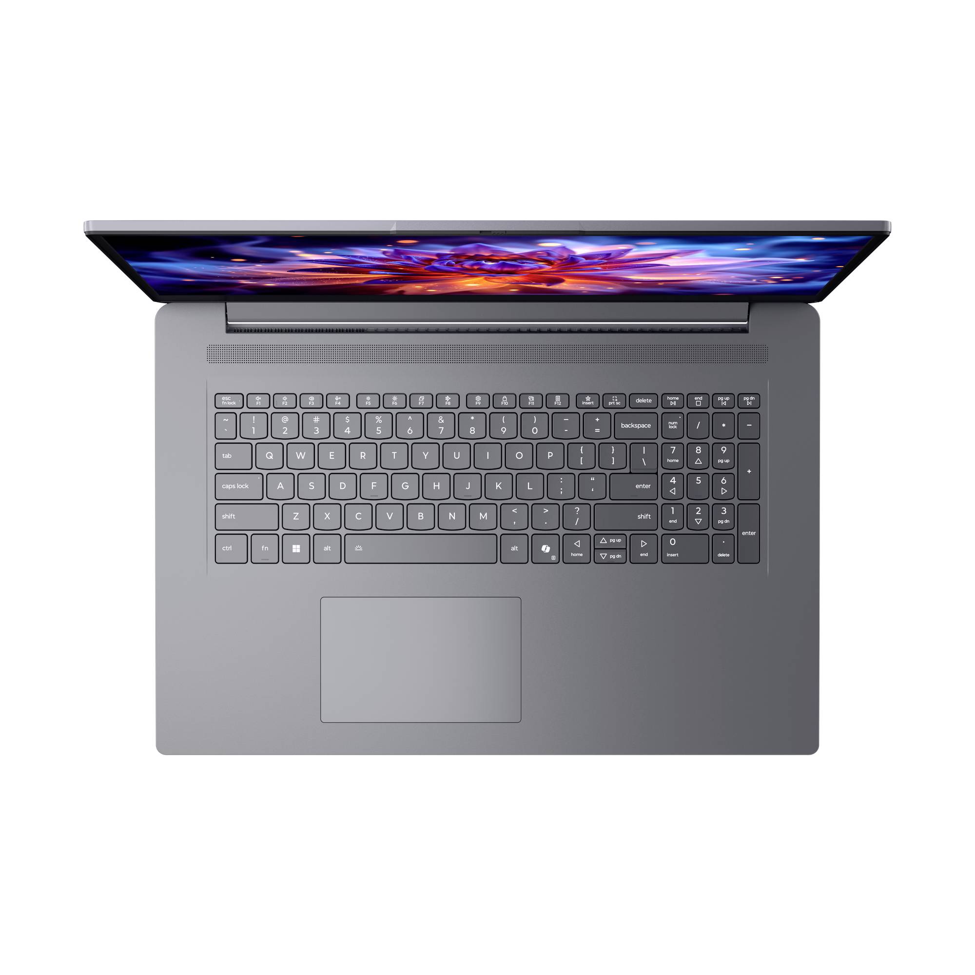Draufsicht eines grauen Laptops mit geöffnetem Bildschirm und sichtbarer Tastatur, zentriert auf weißem Hintergrund.