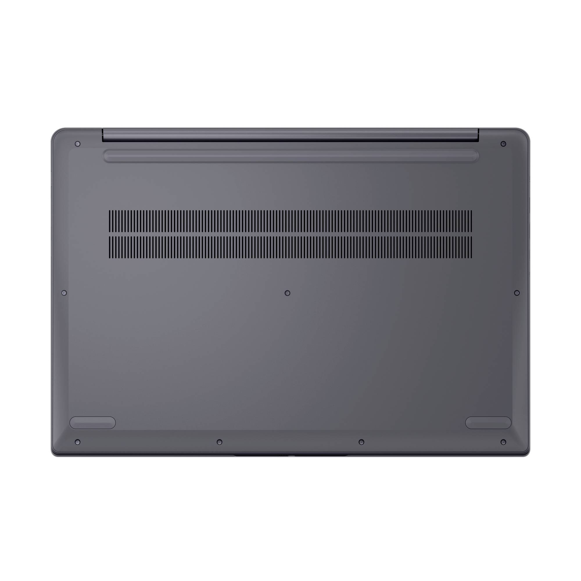 Unteransicht eines geschlossenen grauen Laptops mit Lüftungsgitter, Gumminoppen und Schraubenpositionen.