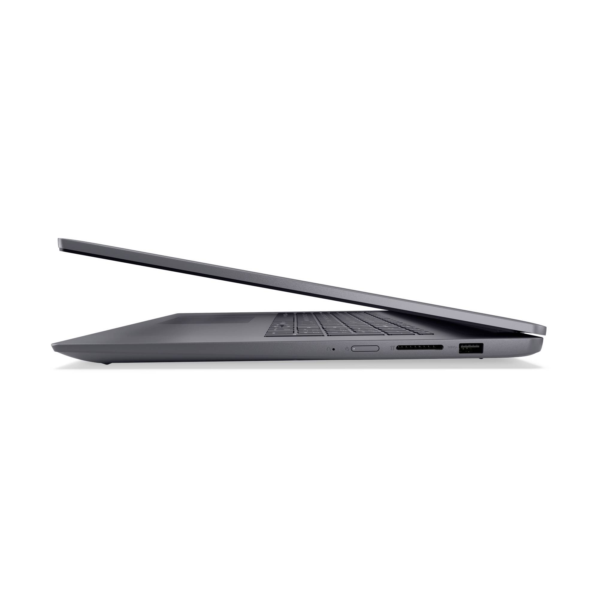 Seitenansicht eines offenen schlanken grauen Laptops, die das Tastaturfeld und die Seitenports vor weißem Hintergrund zeigt.