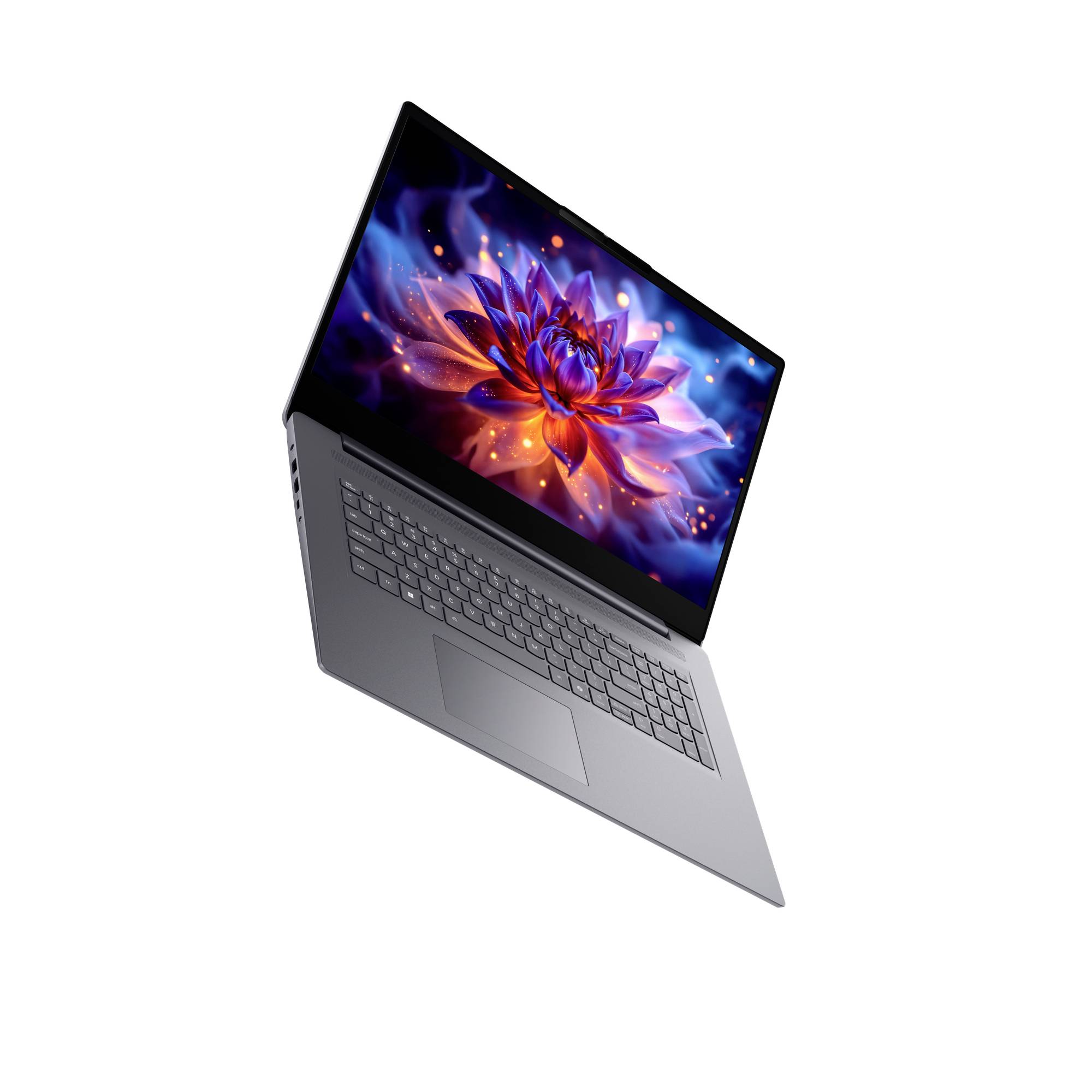 Silberner Laptop, der in einem Winkel geöffnet angezeigt wird, mit einem farbenfrohen abstrakten Blumen-Hintergrundbild auf dem Bildschirm.