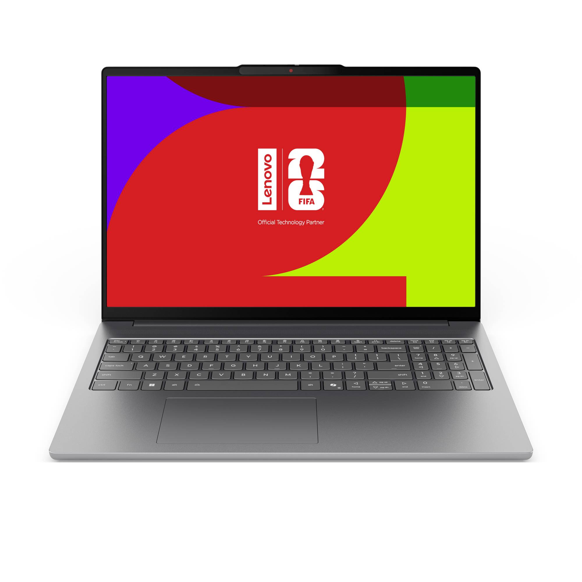 Grauer aufgeklappter Lenovo-Laptop, der auf dem Display einen farbenfrohen Bildschirm mit der Aufschrift 