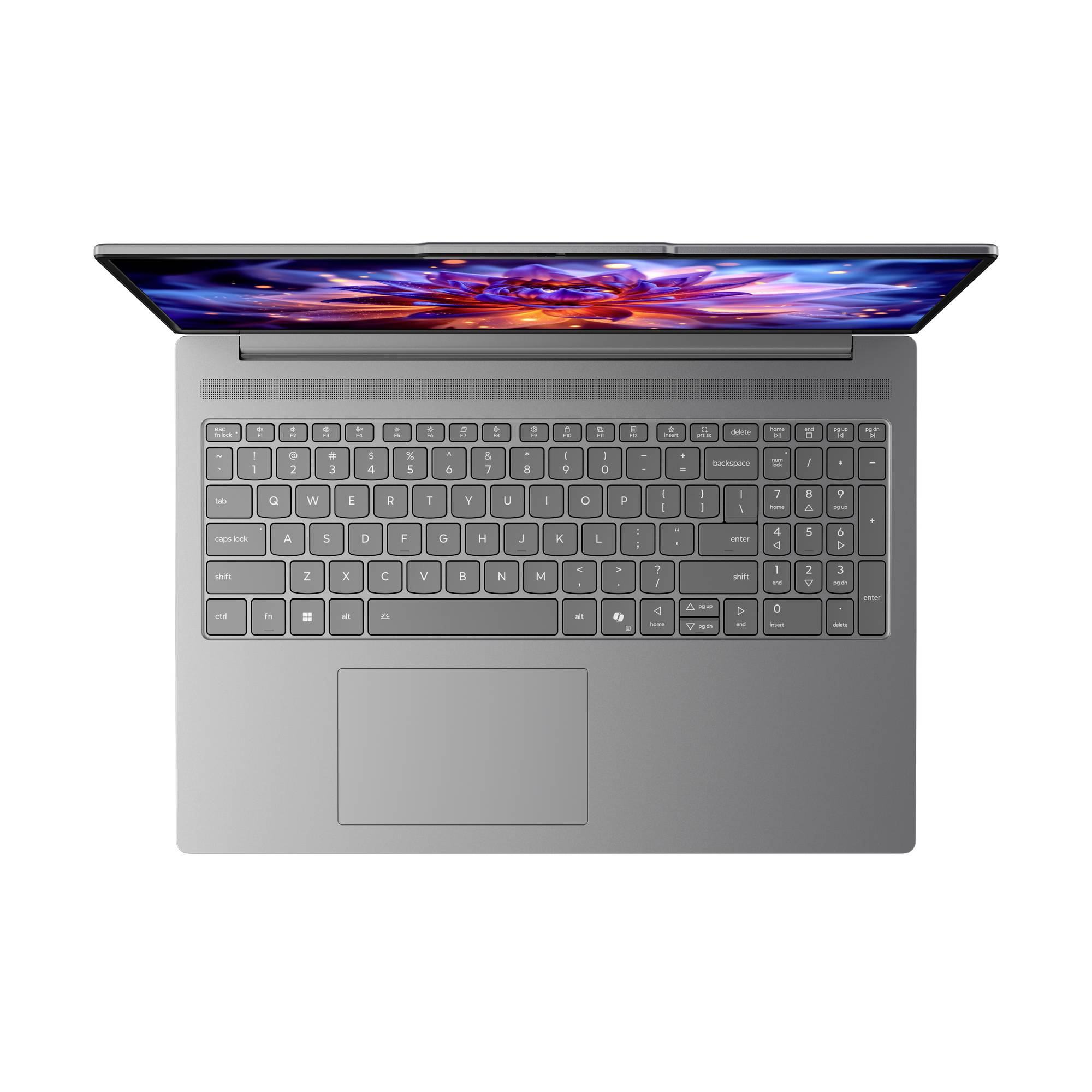 Draufsicht auf einen grauen Laptop mit geöffnetem Bildschirm, der eine farbenfrohe abstrakte Tapete zeigt, sowie eine Vollsize-Tastatur und ein Trackpad.