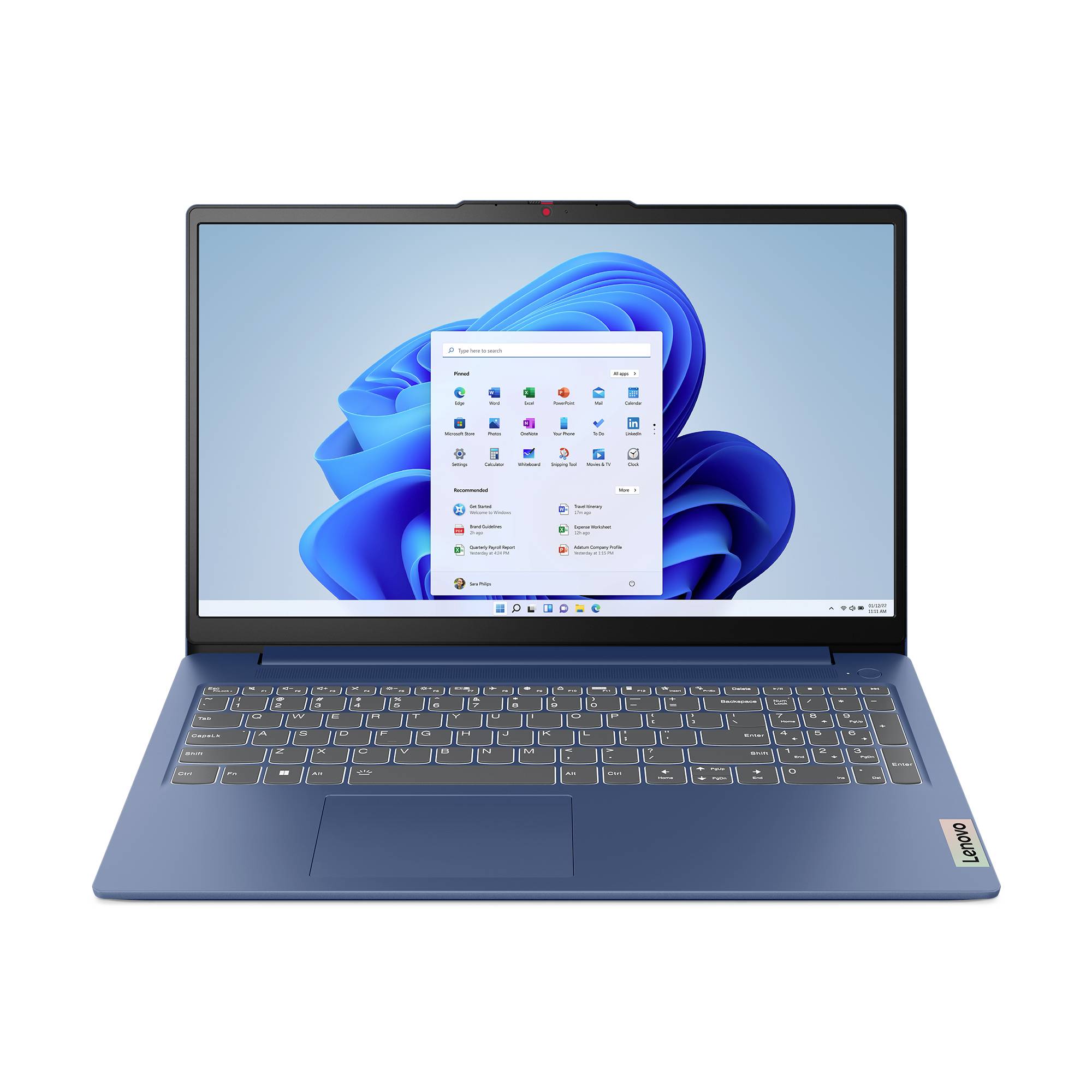 Ein blauer Lenovo-Laptop, geöffnet mit Windows 11 auf dem Bildschirm, zeigt das zentrierte Startmenü über der Standard-Blau-Wirbel-Hintergrund.