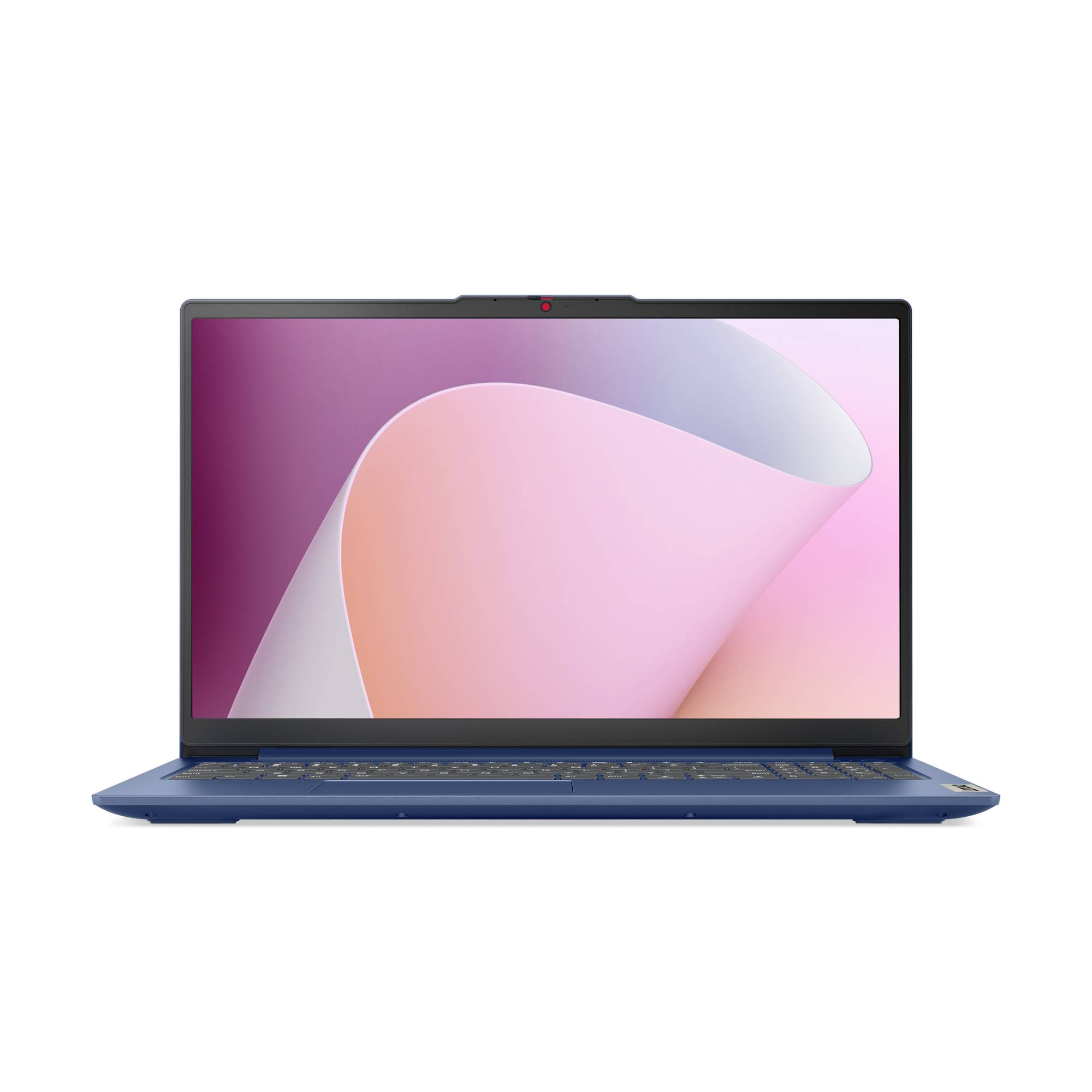 Blauer Laptop-Computer mit rosa abstraktem Hintergrundbild auf dem Bildschirm, geschlossen und zentriert auf weißem Hintergrund dargestellt.